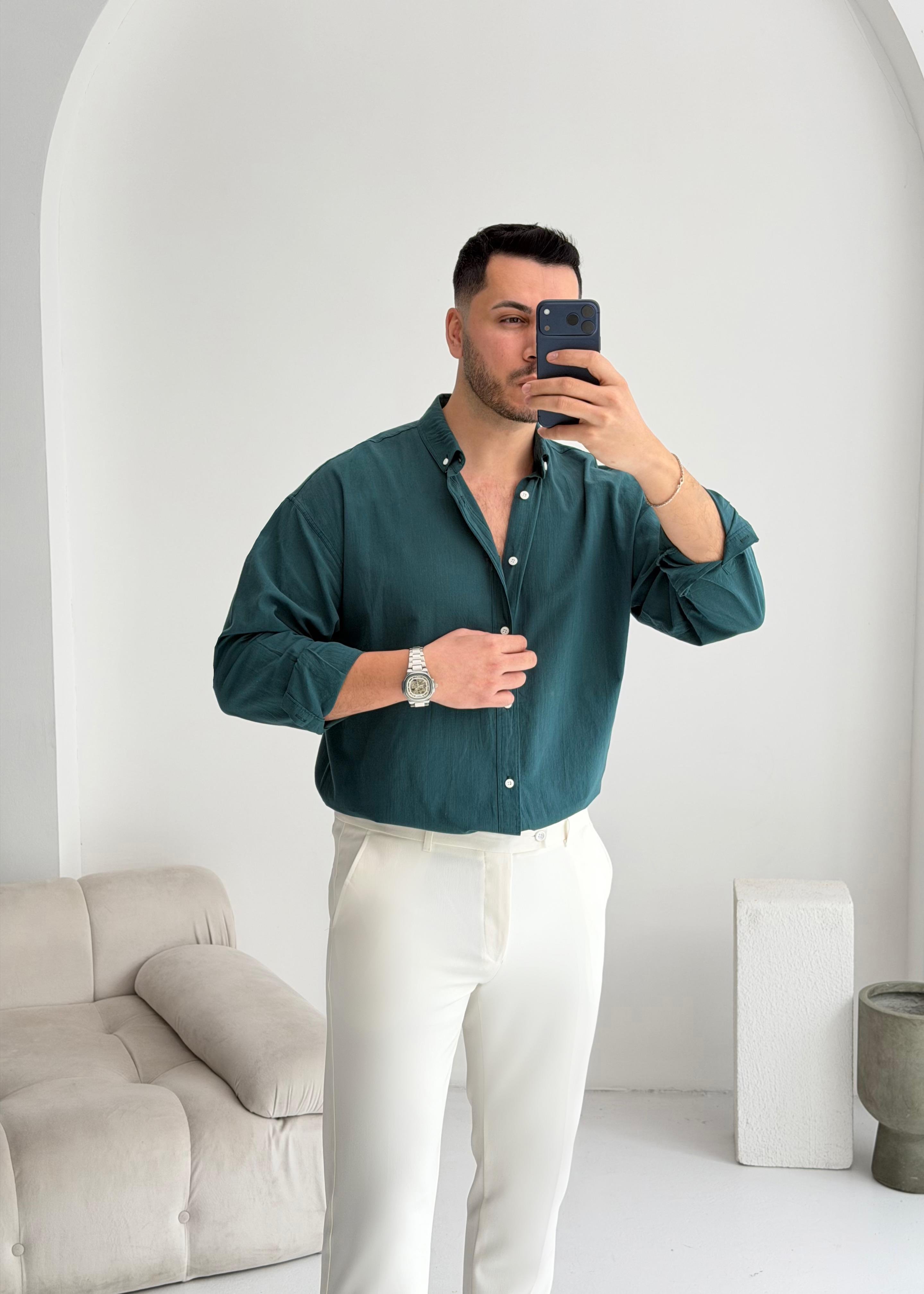 Orjinal Fresh Keten Zümrüt Oversize Gömlek