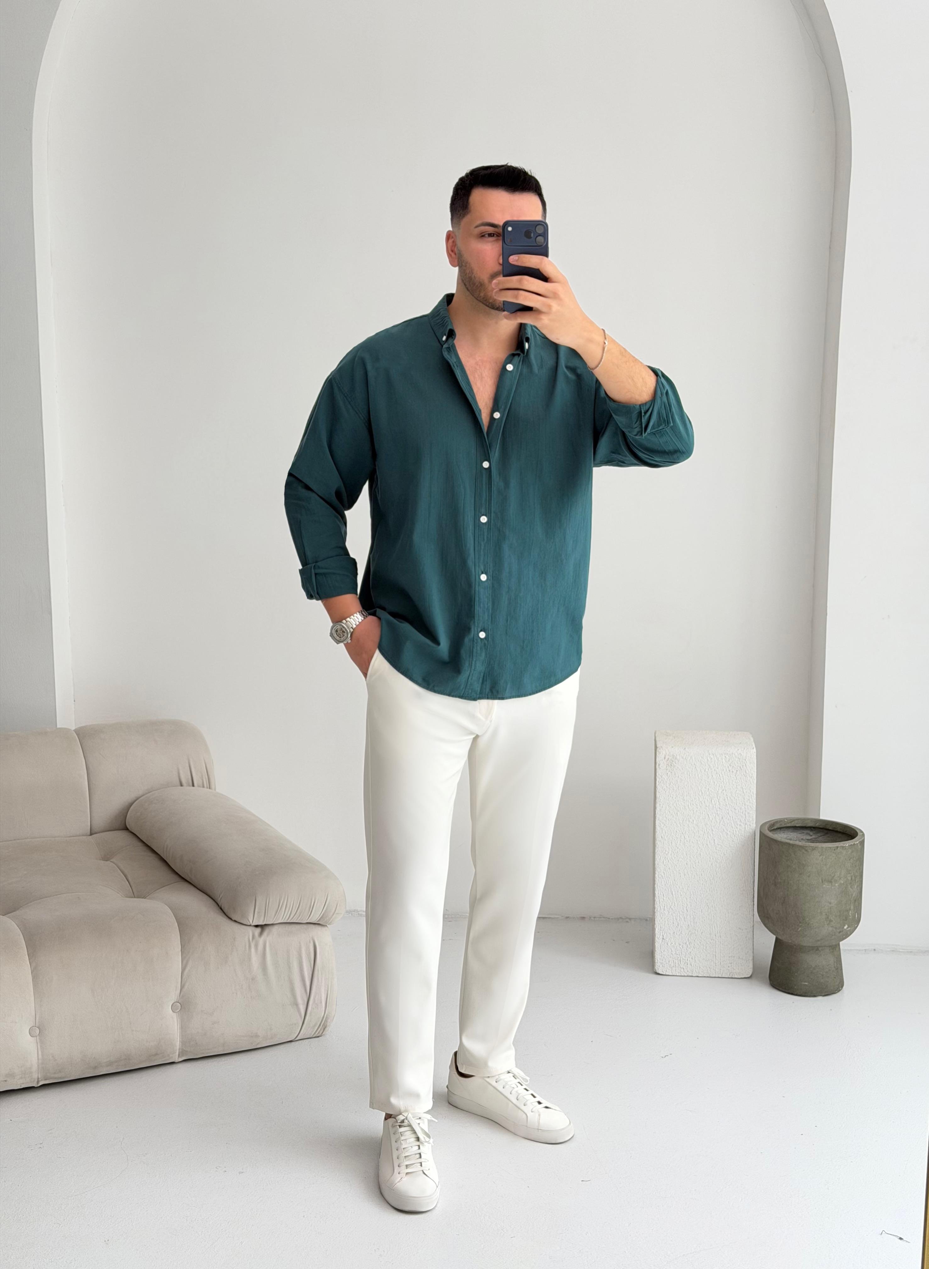 Orjinal Fresh Keten Zümrüt Oversize Gömlek