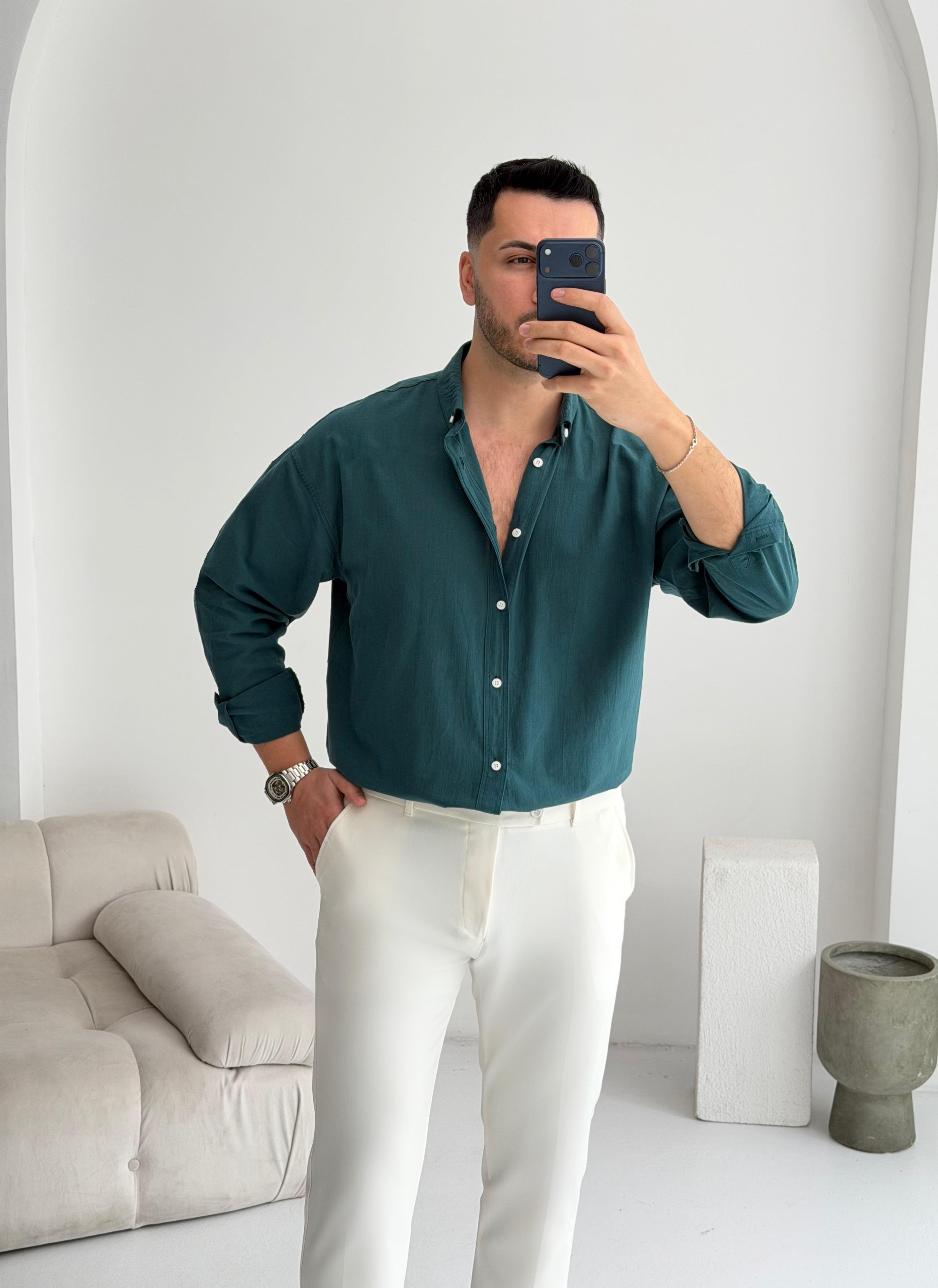 Orjinal Fresh Keten Zümrüt Oversize Gömlek
