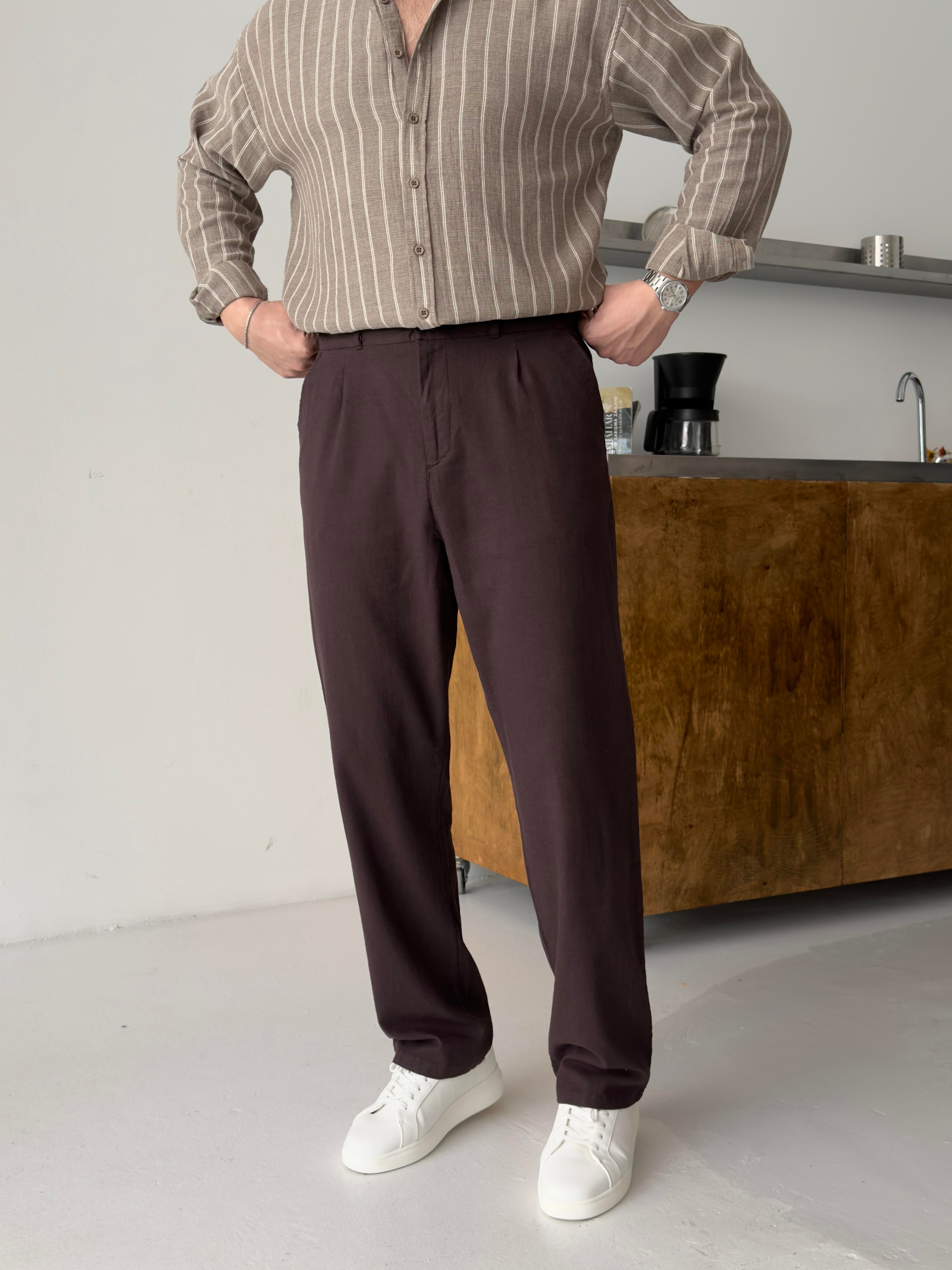 Orjinal Keten Kahve Baggy Pantolon