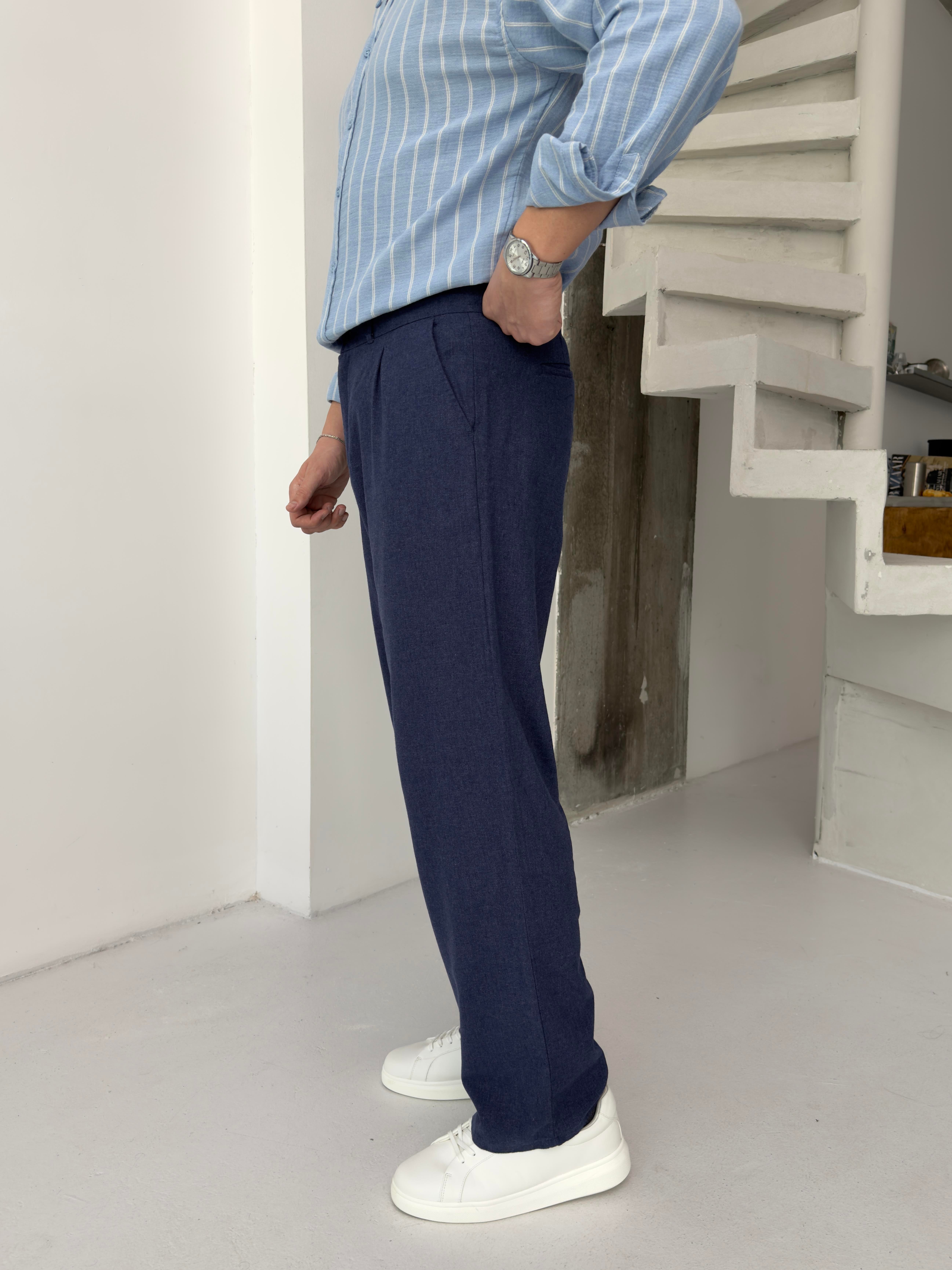 Orjinal Keten Lacivert Baggy Pantolon