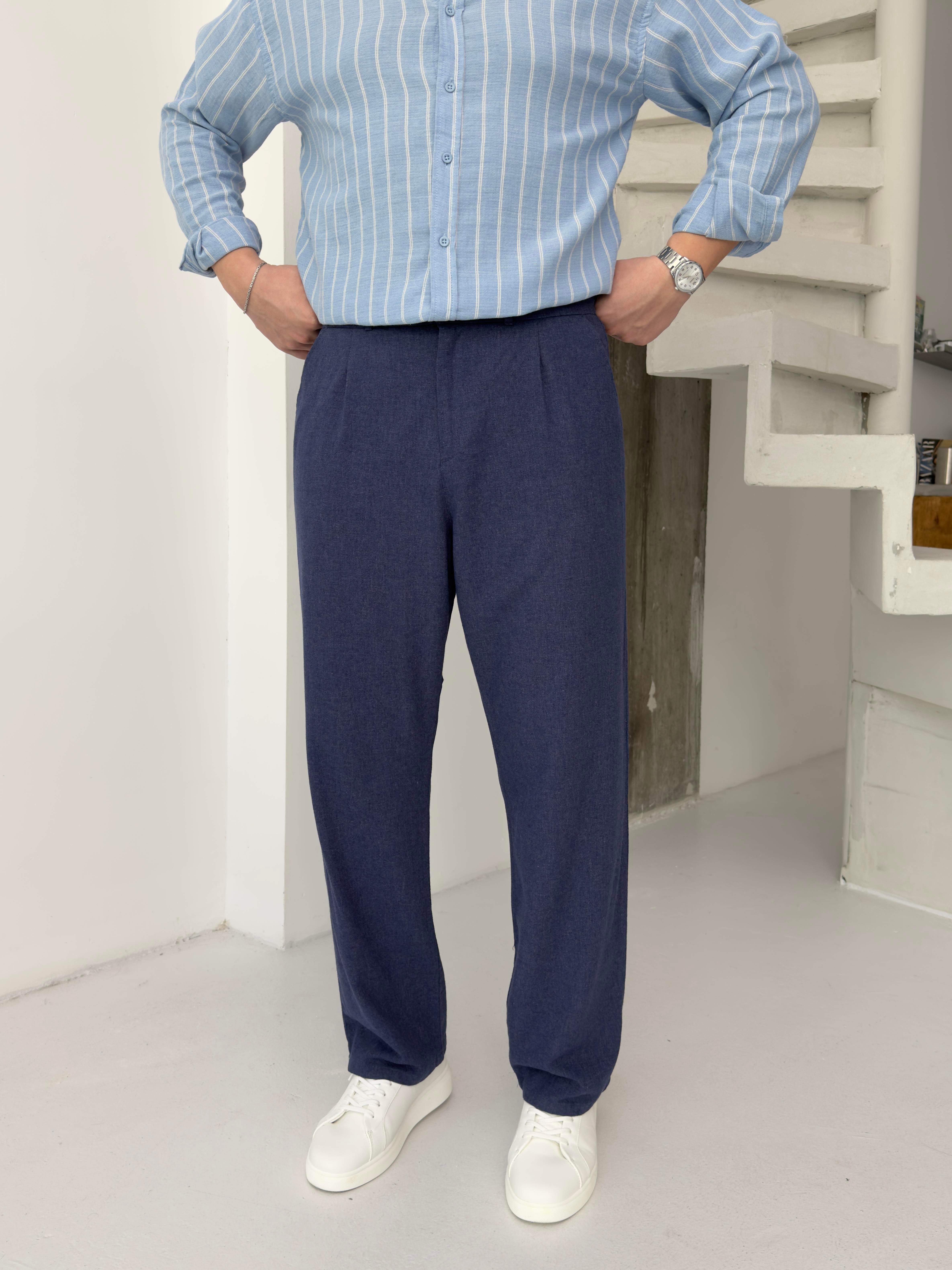 Orjinal Keten Lacivert Baggy Pantolon