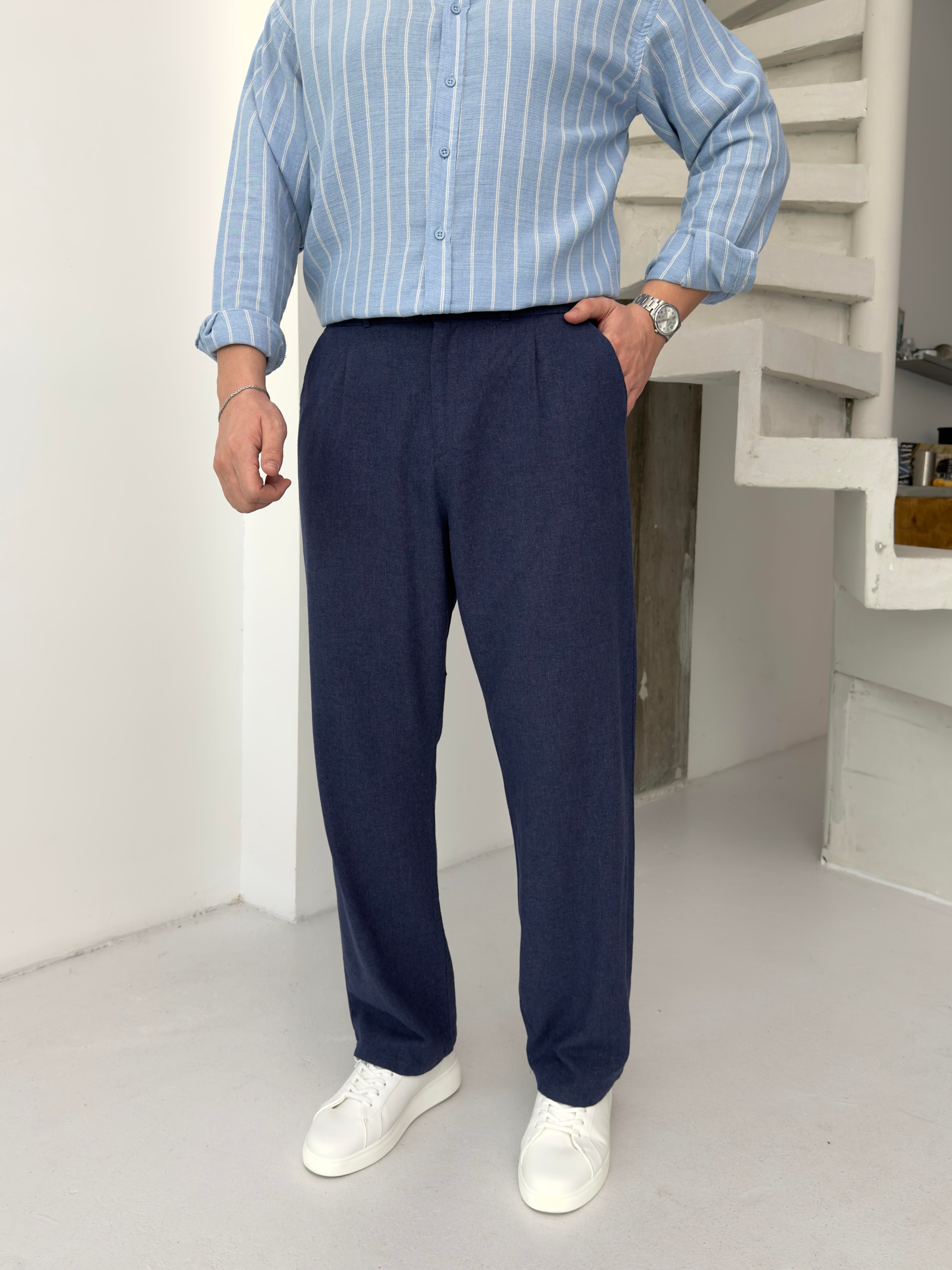 Orjinal Keten Lacivert Baggy Pantolon