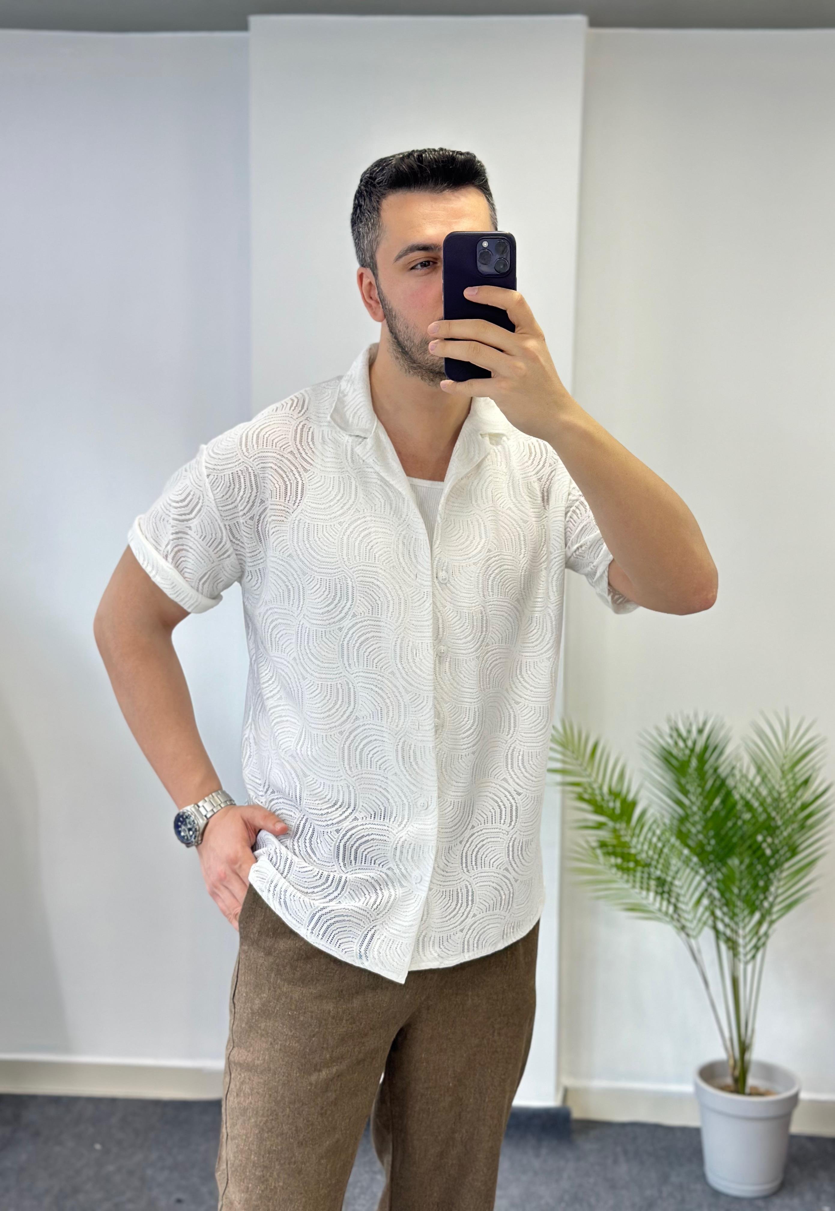 Örme Beyaz Kısa Kol Gömlek