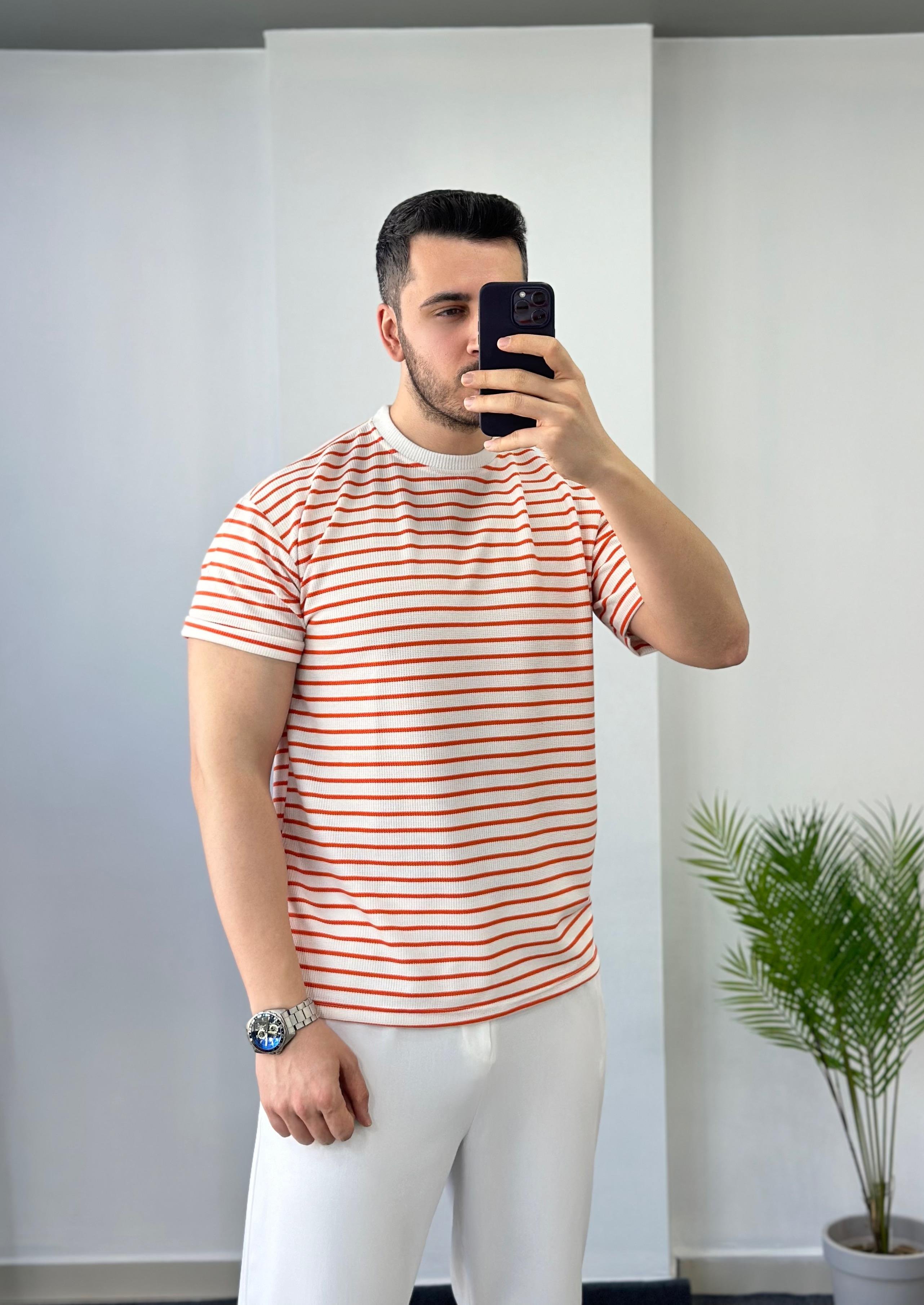 Örme Turuncu Çizgili Tişört 