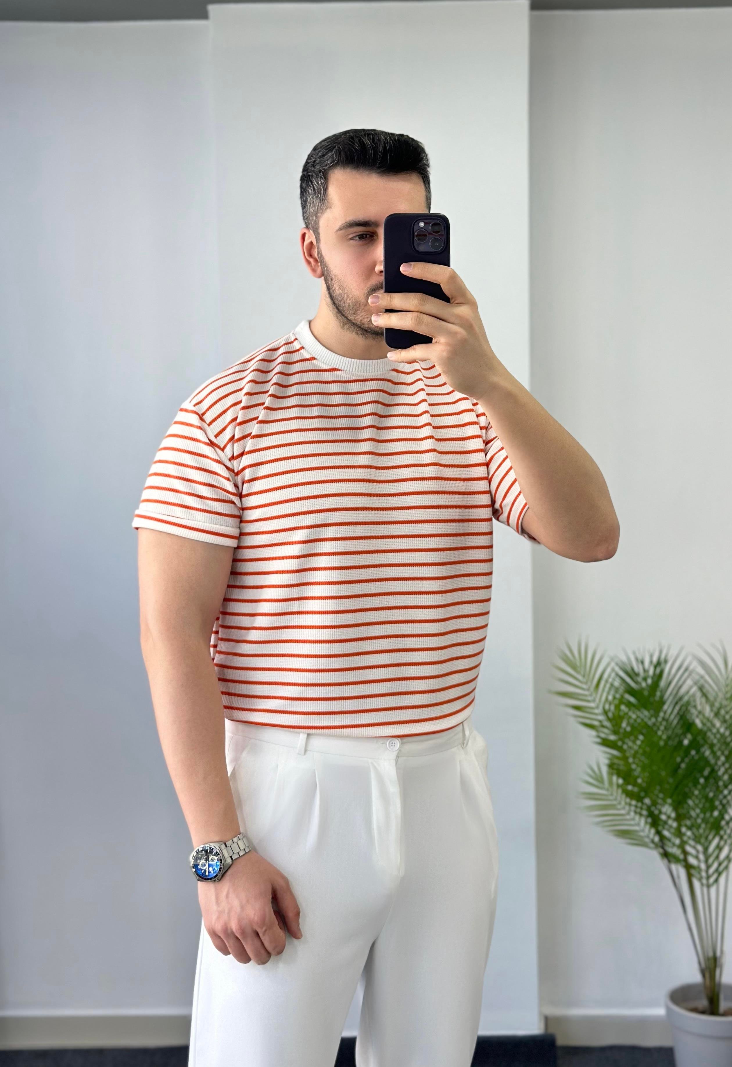 Örme Turuncu Çizgili Tişört 
