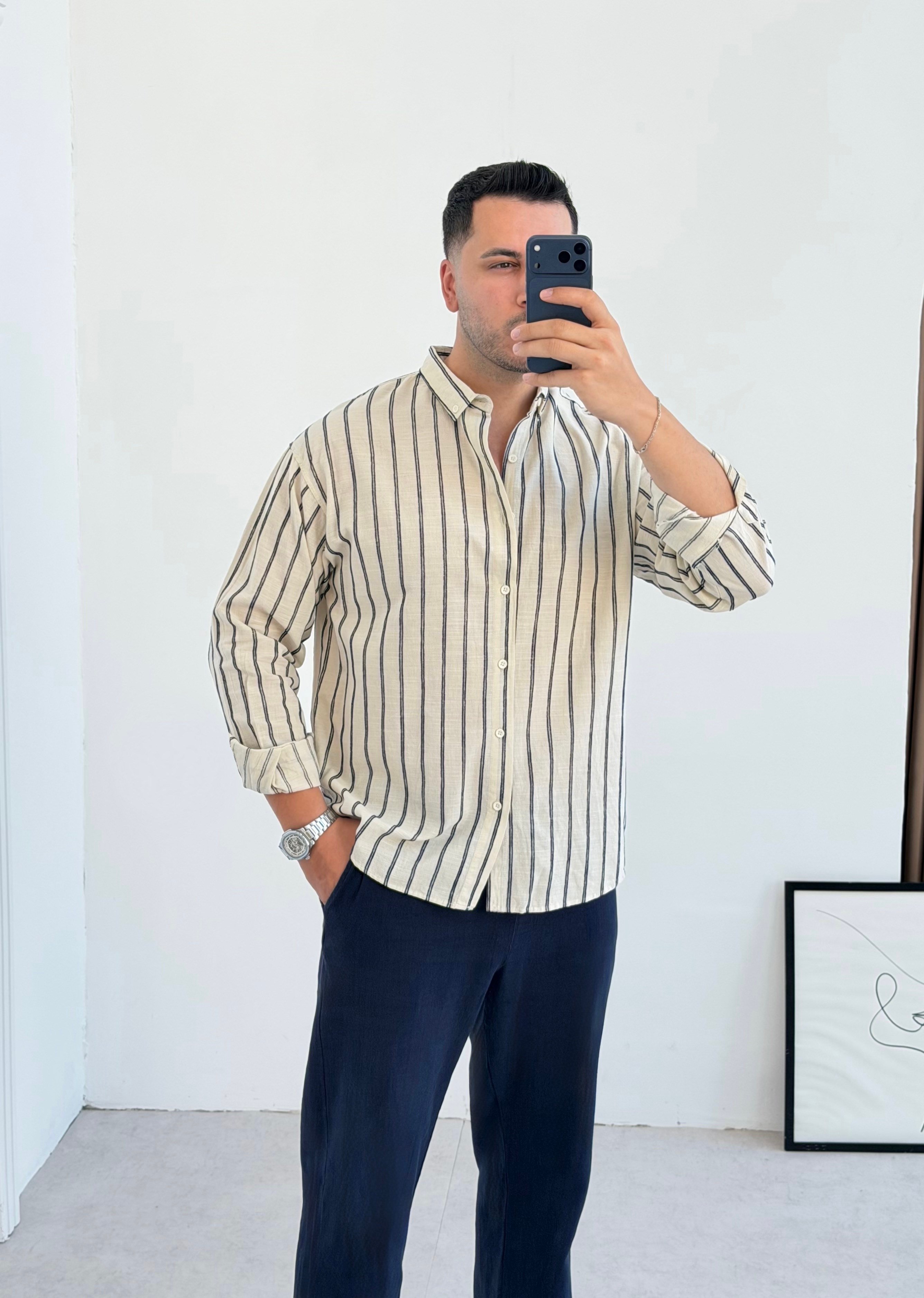 Otantik Lacivert Çizgili Oversize Keten Gömlek