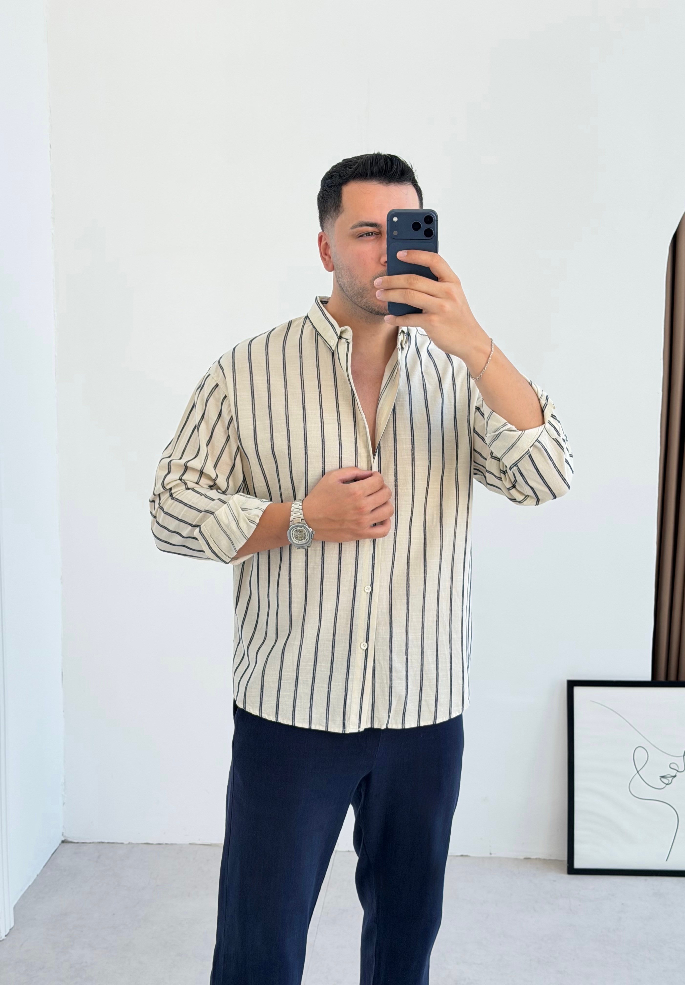 Otantik Lacivert Çizgili Oversize Keten Gömlek