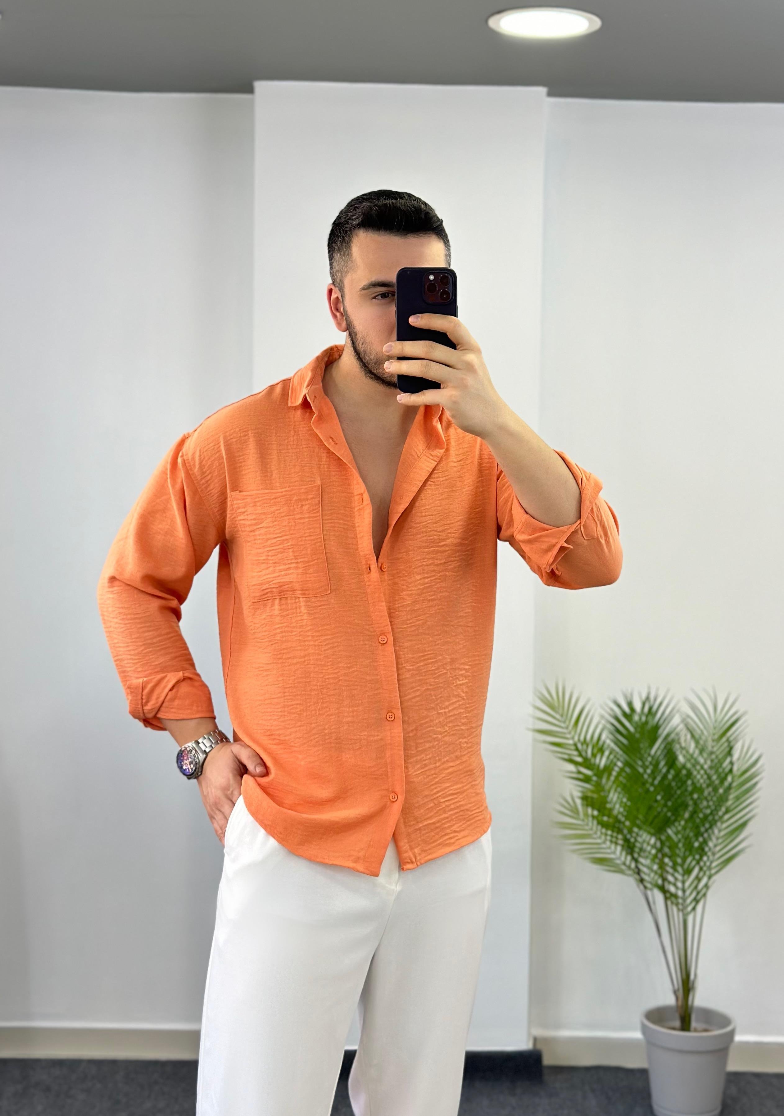 Oversize Cepli Turuncu Keten Gömlek