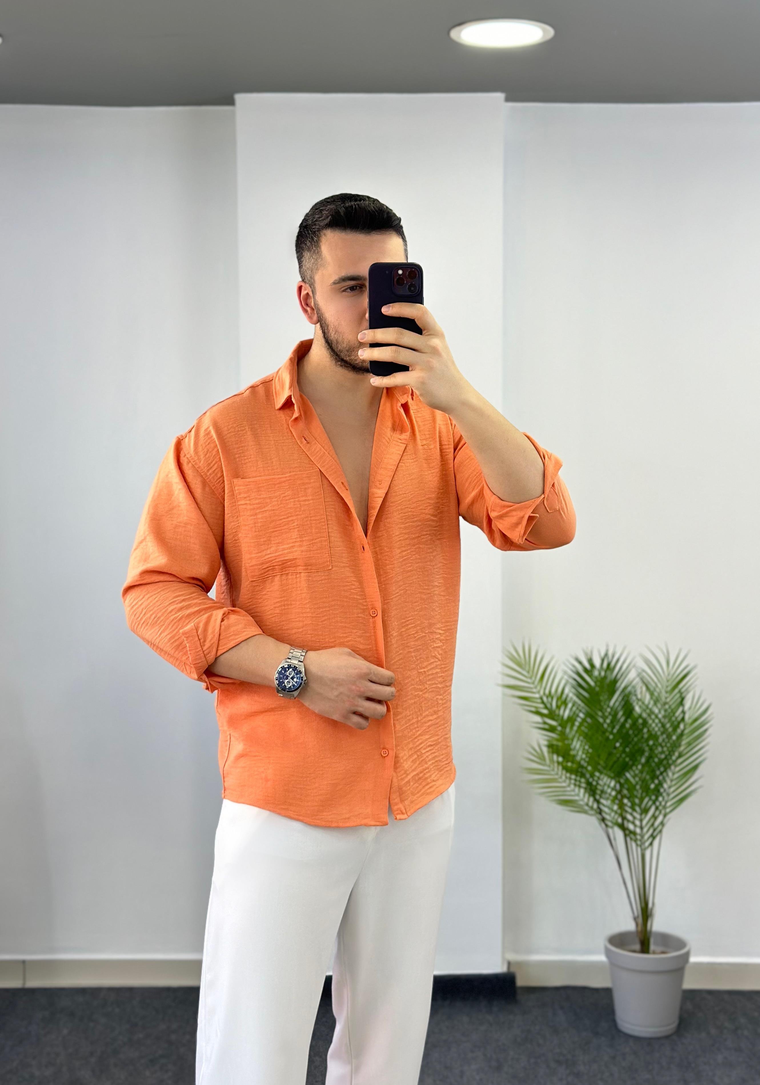 Oversize Cepli Turuncu Keten Gömlek