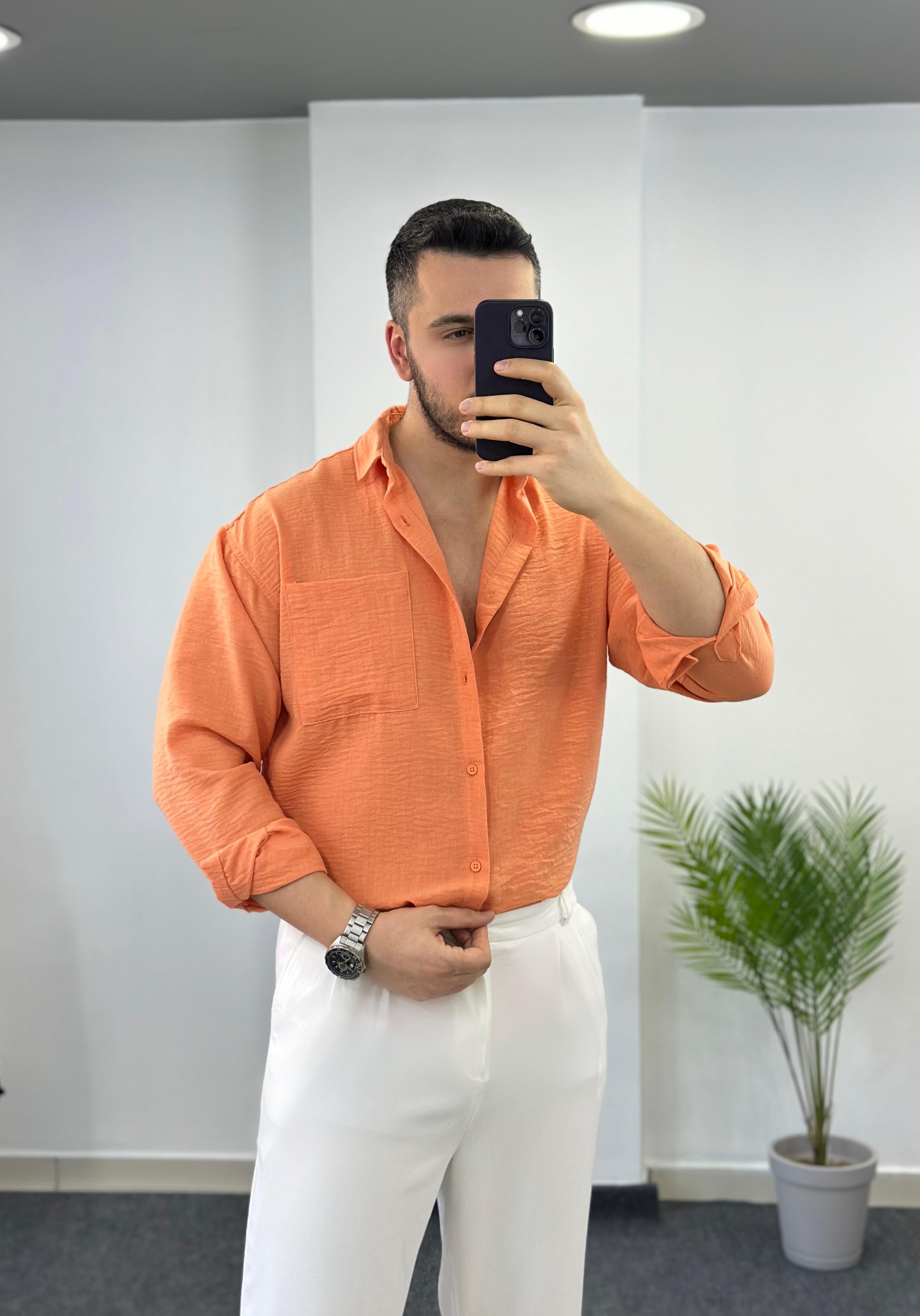 Oversize Cepli Turuncu Keten Gömlek