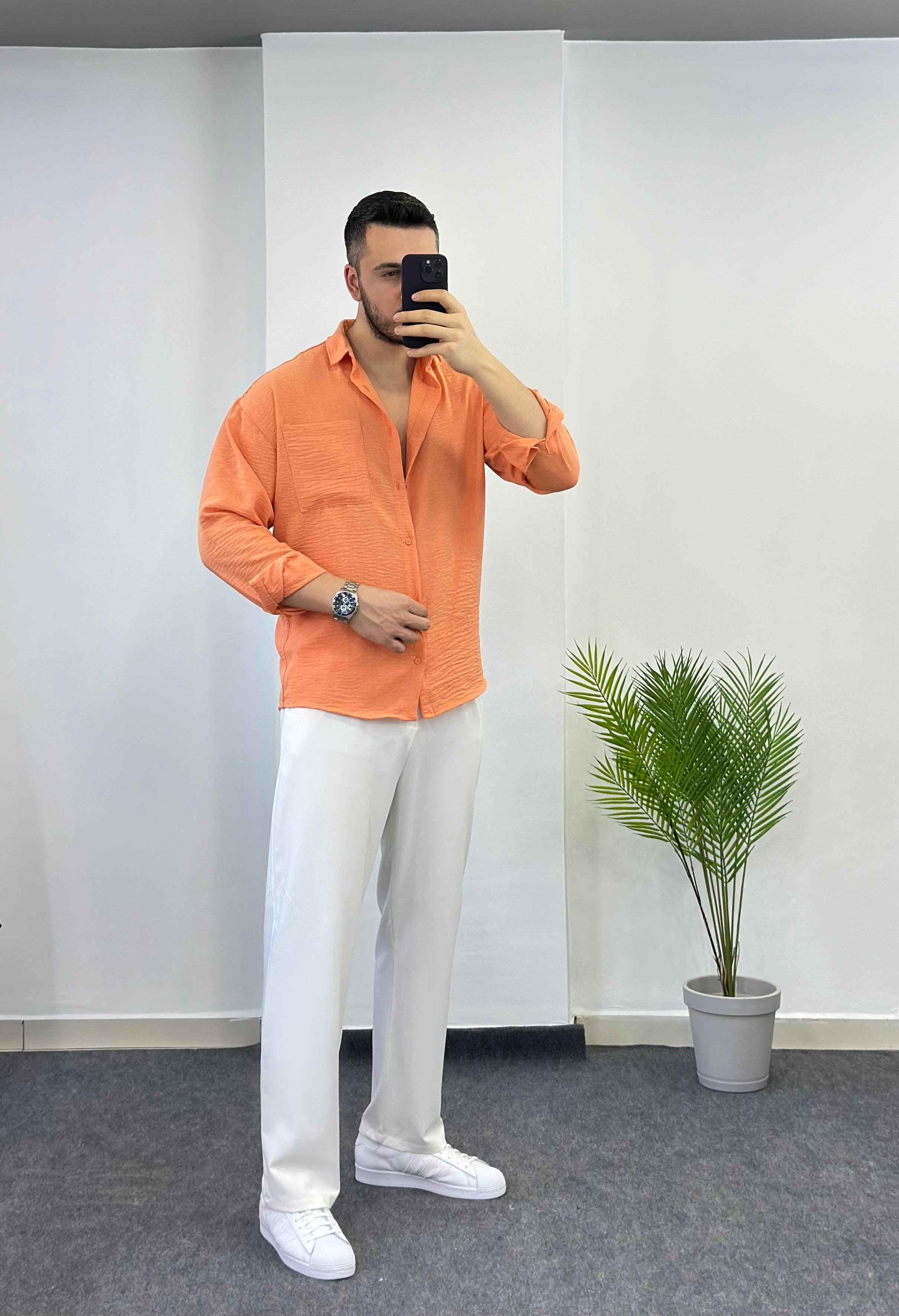Oversize Cepli Turuncu Keten Gömlek