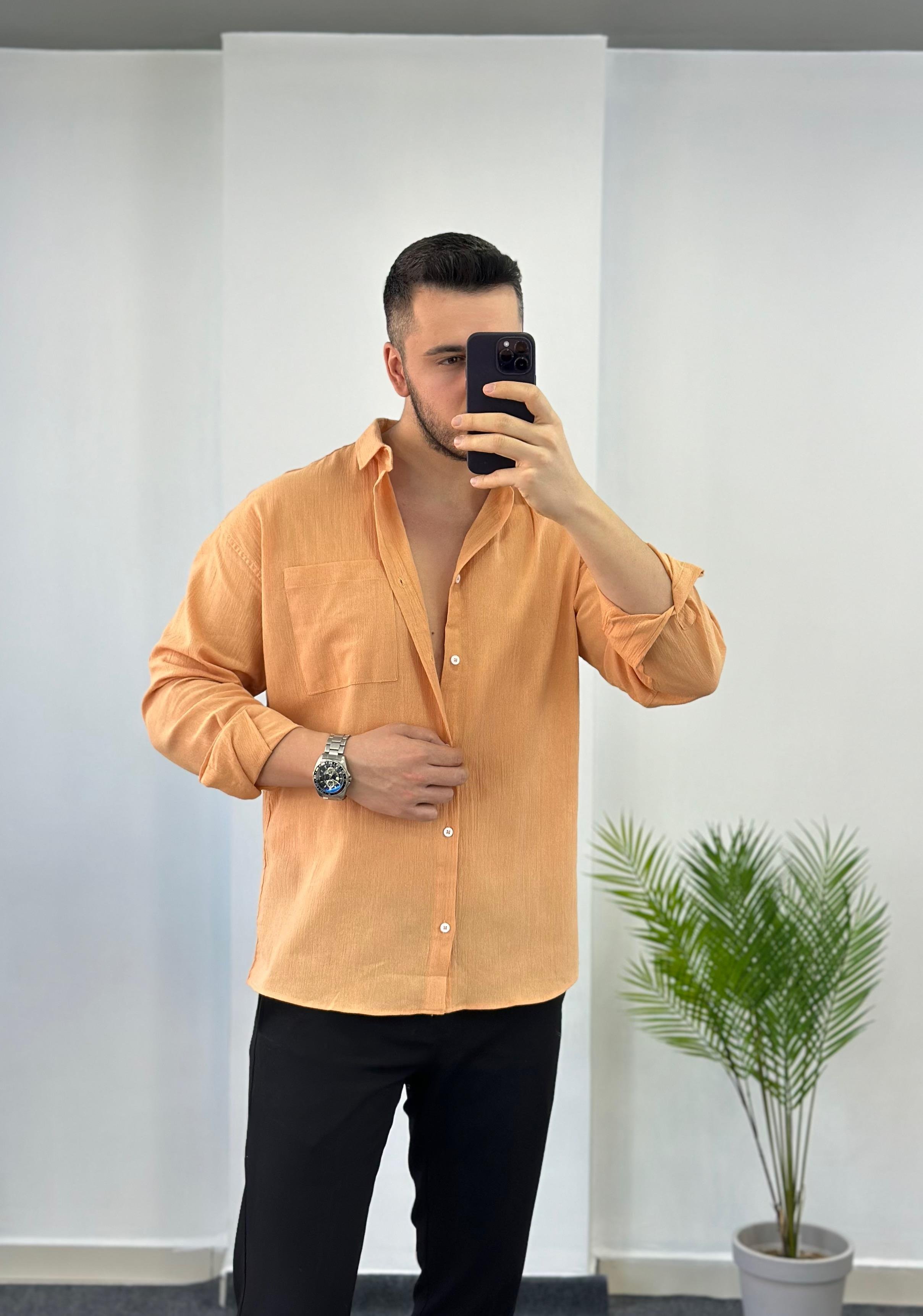 Oversize Kavuniçi Keten Gömlek