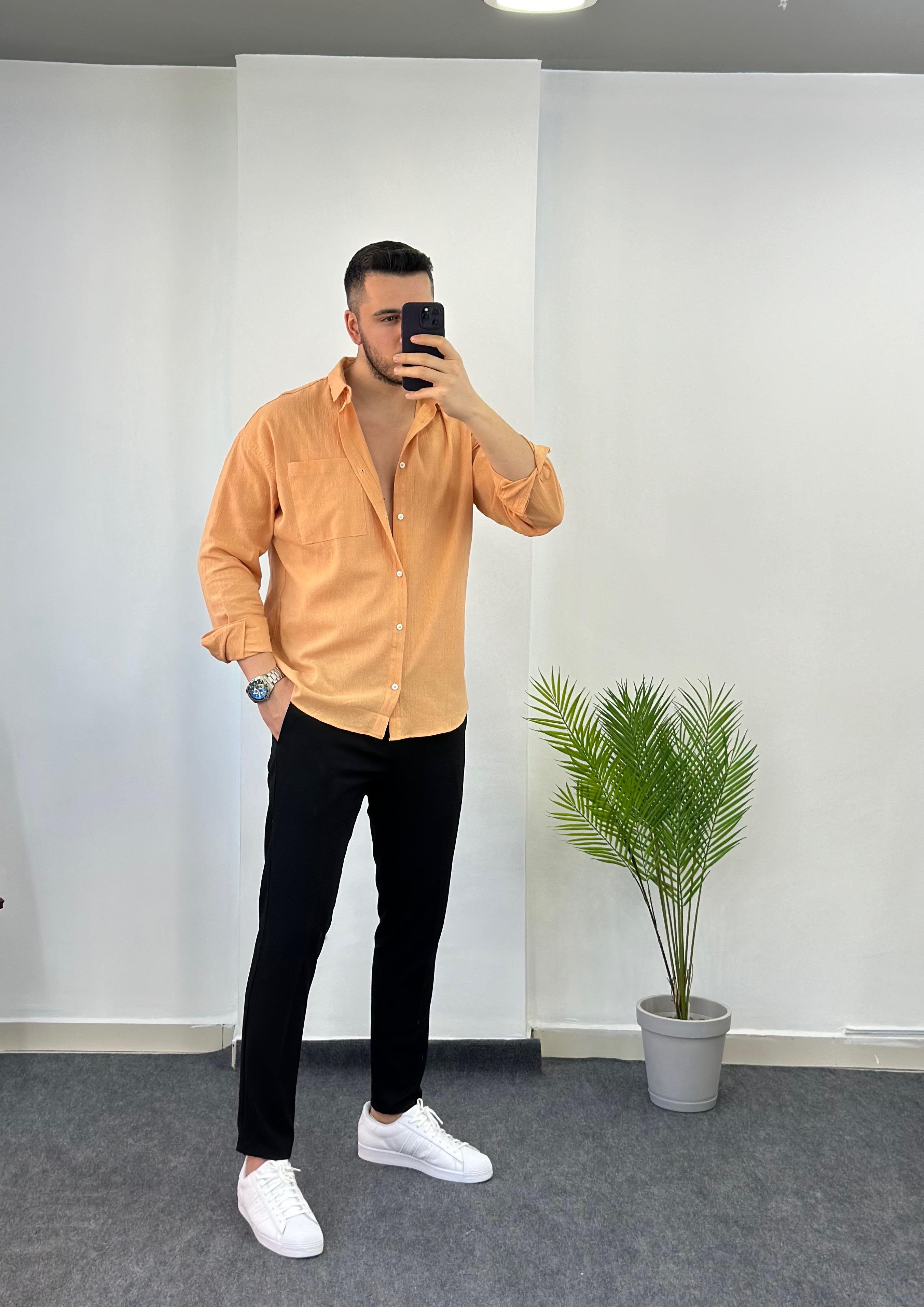 Oversize Kavuniçi Keten Gömlek