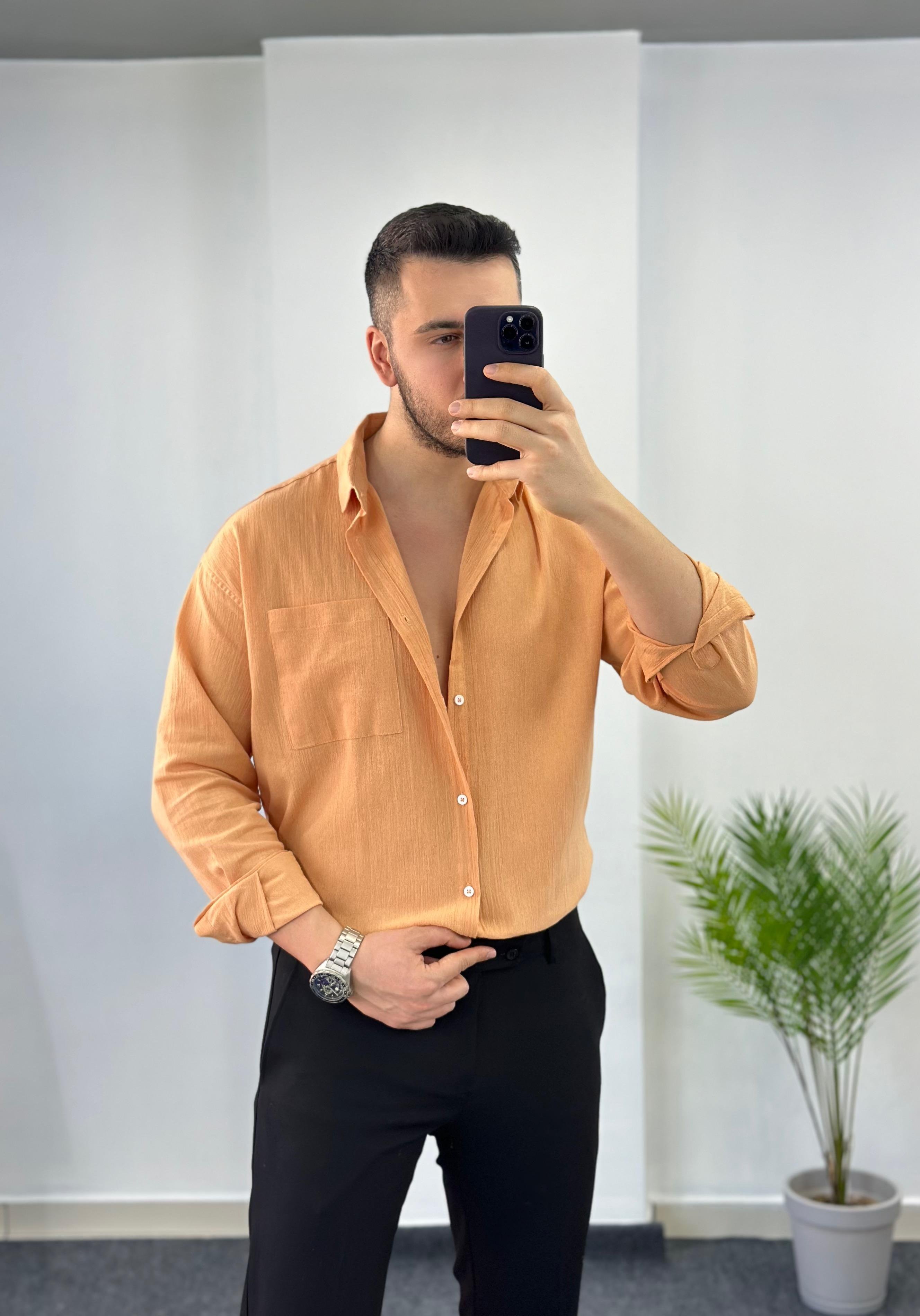 Oversize Kavuniçi Keten Gömlek