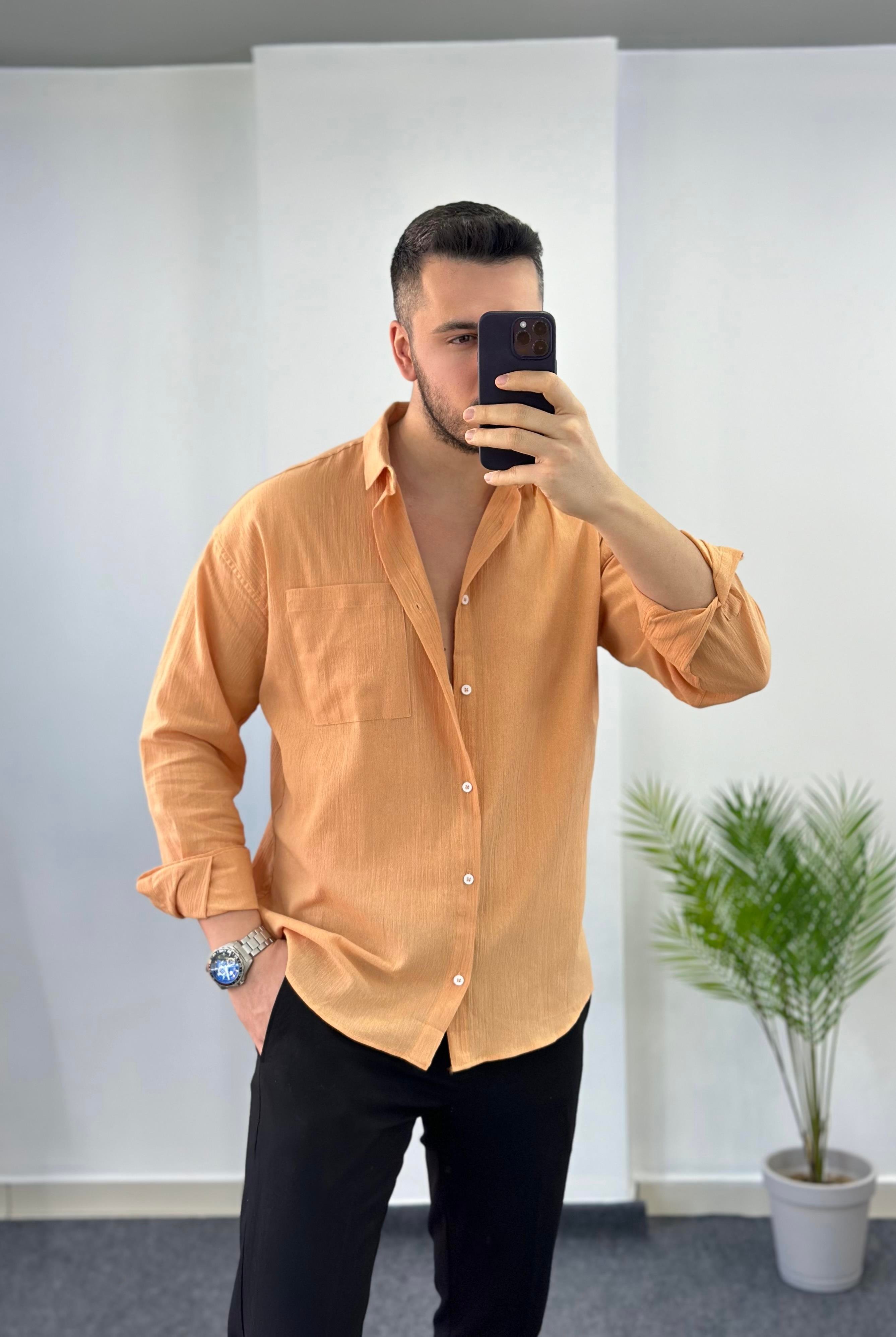 Oversize Kavuniçi Keten Gömlek