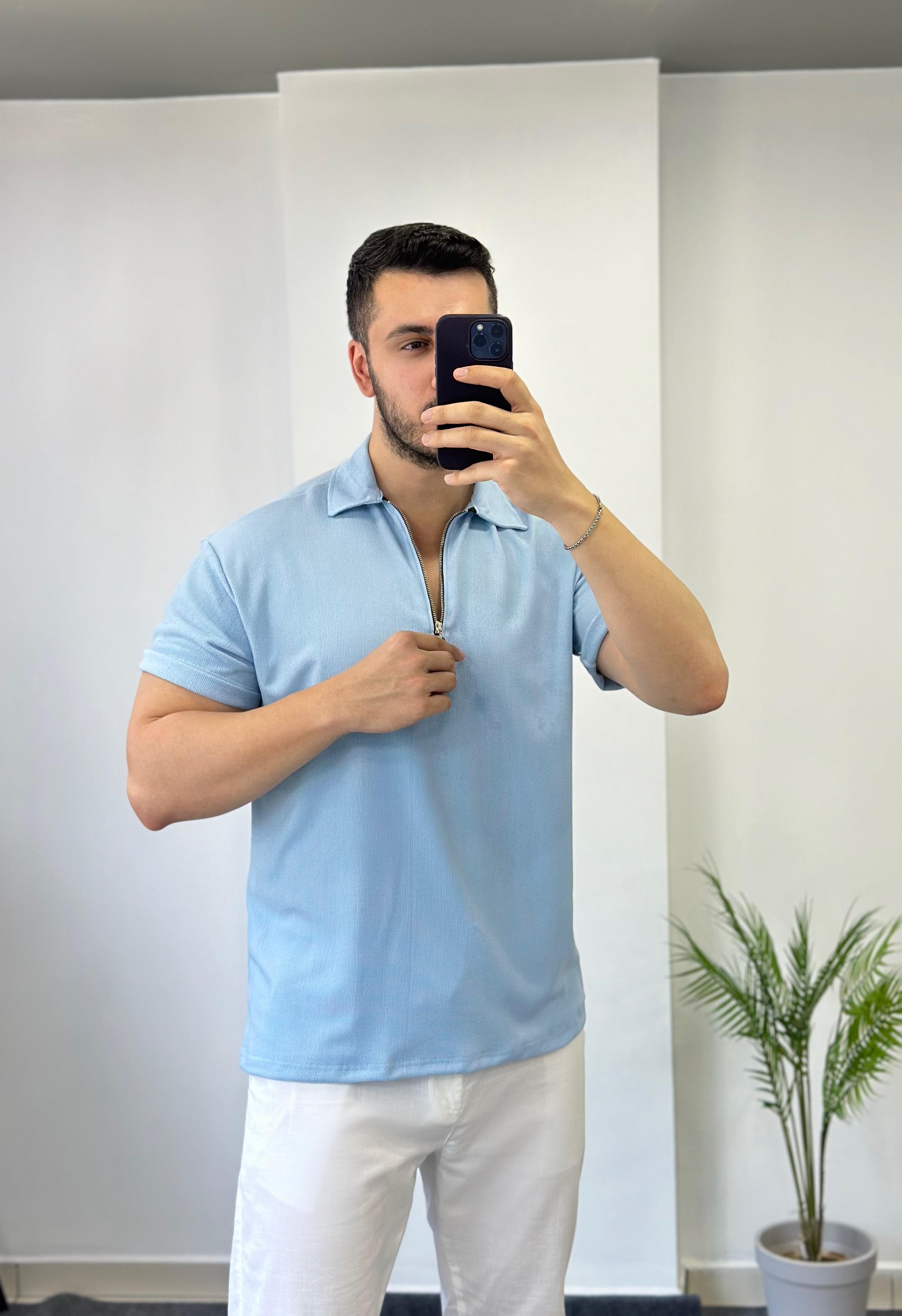 Oxford Fermuarlı Bebe Mavisi Örme Tişört 