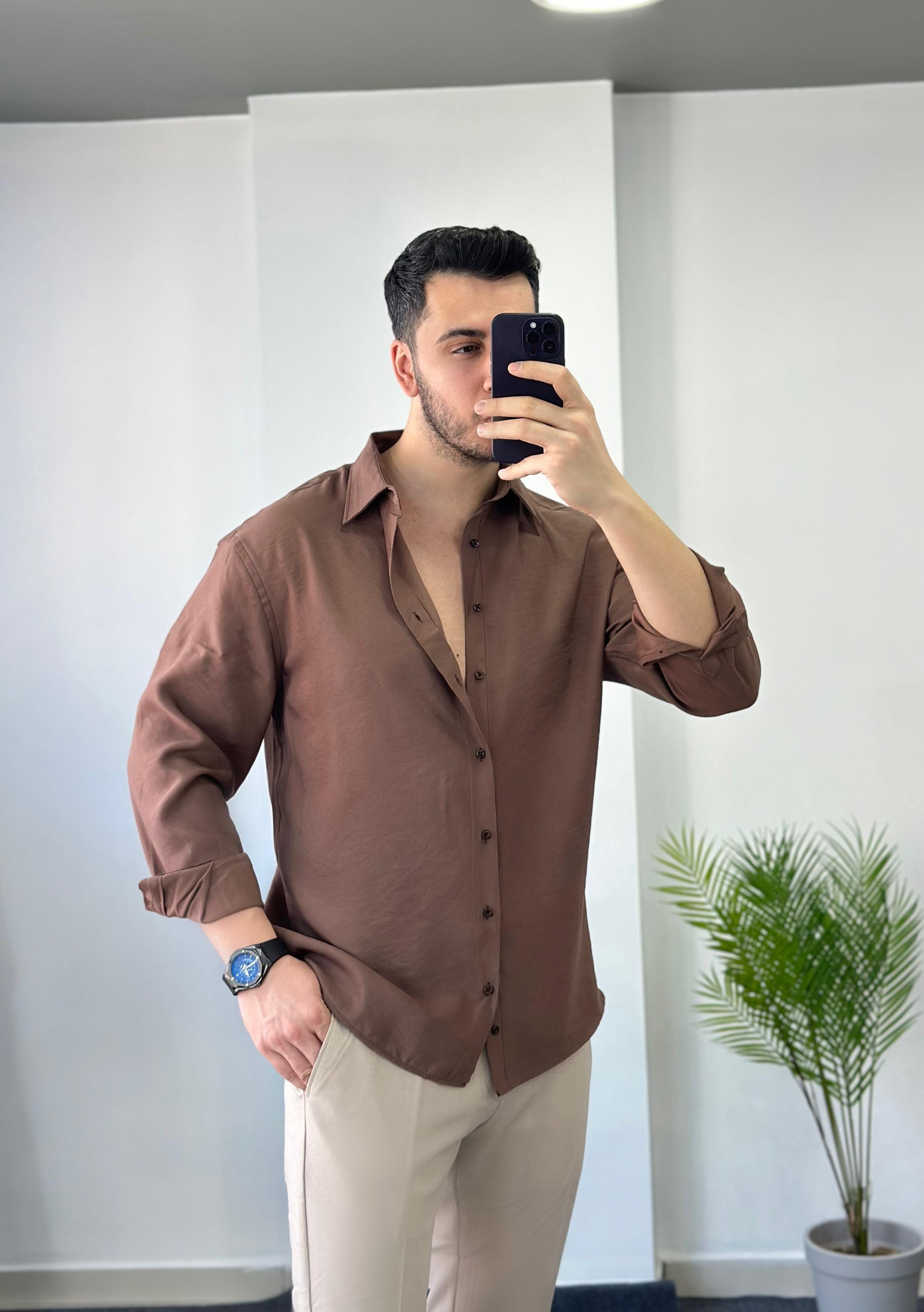 Özel Tasarım Kumaş Açık Kahve Oversize Gömlek