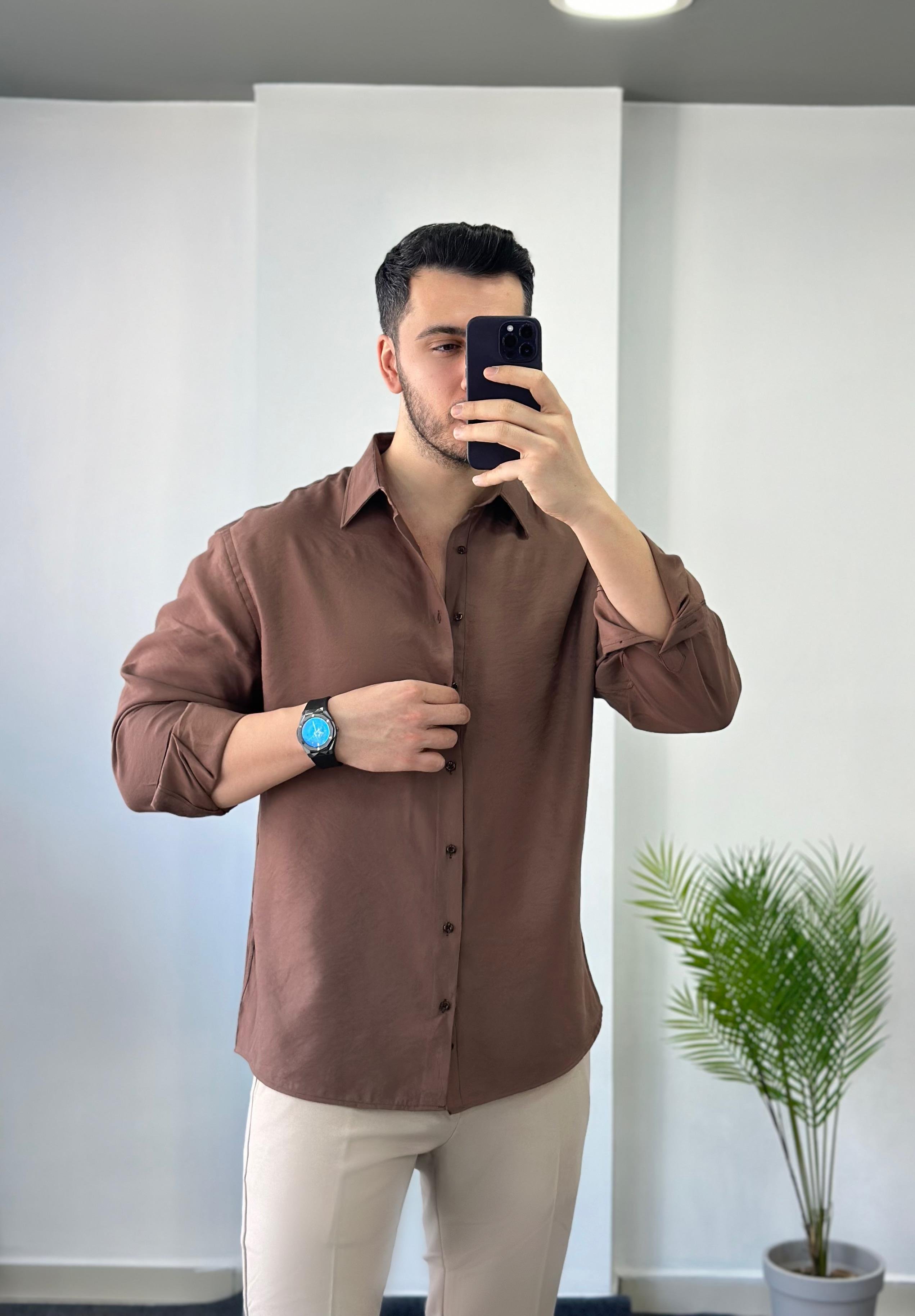 Özel Tasarım Kumaş Açık Kahve Oversize Gömlek