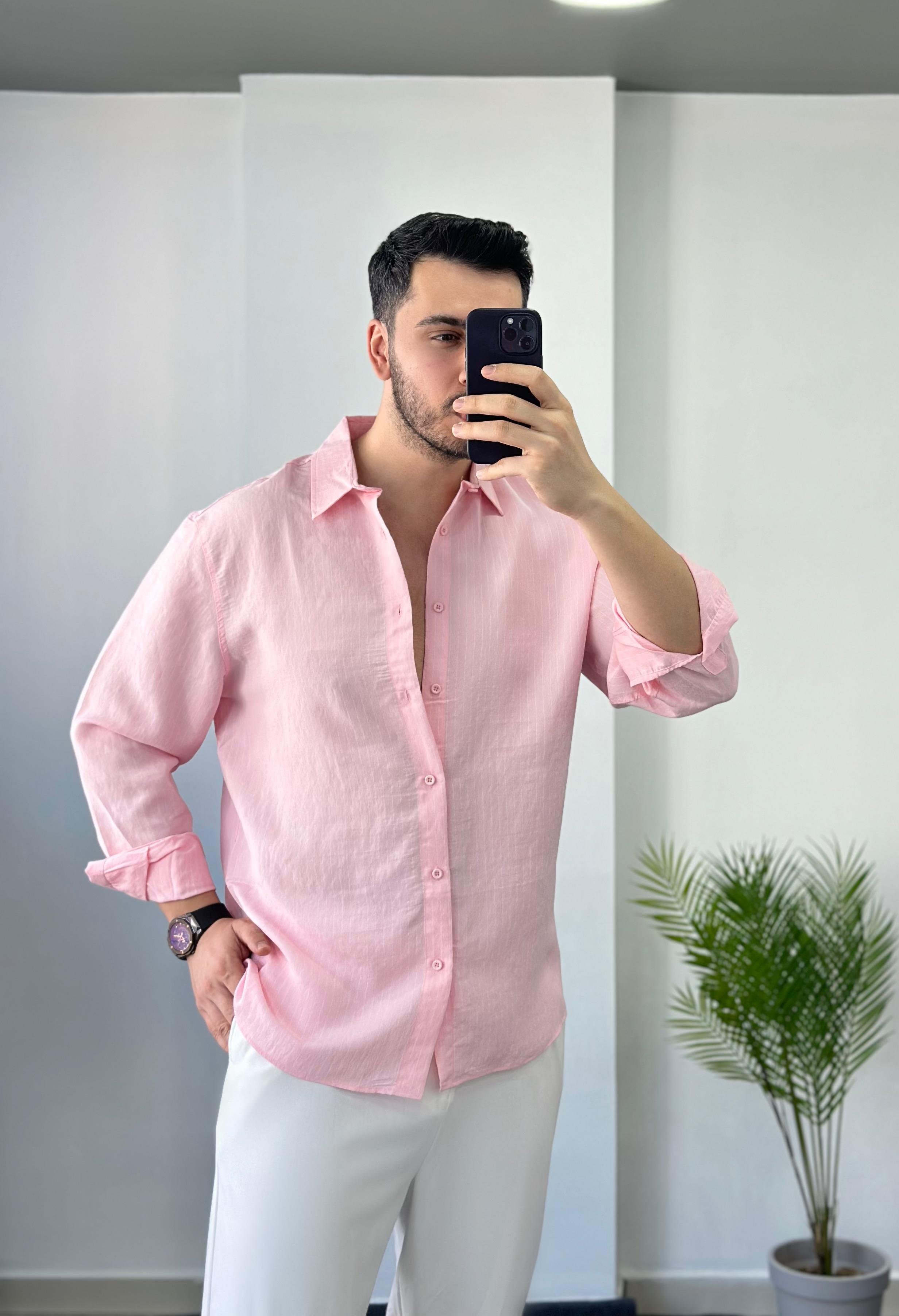 Özel Tasarım Kumaş Toz Pembe Oversize Keten Gömlek