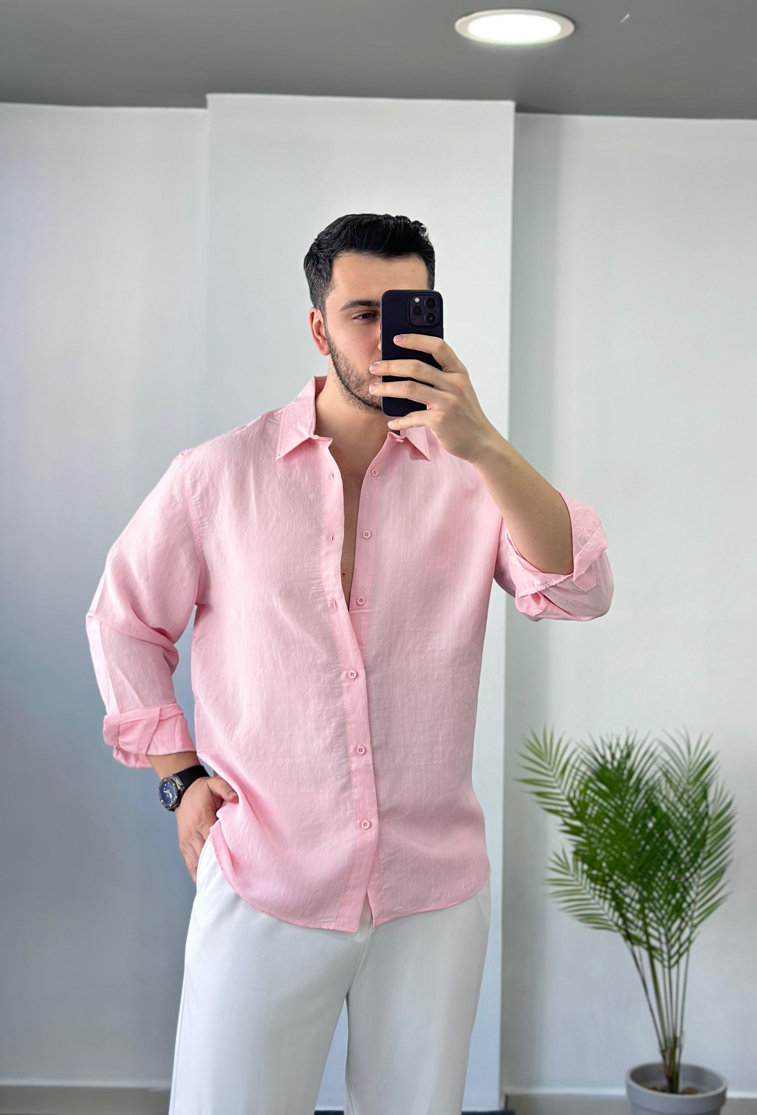 Özel Tasarım Kumaş Toz Pembe Oversize Keten Gömlek