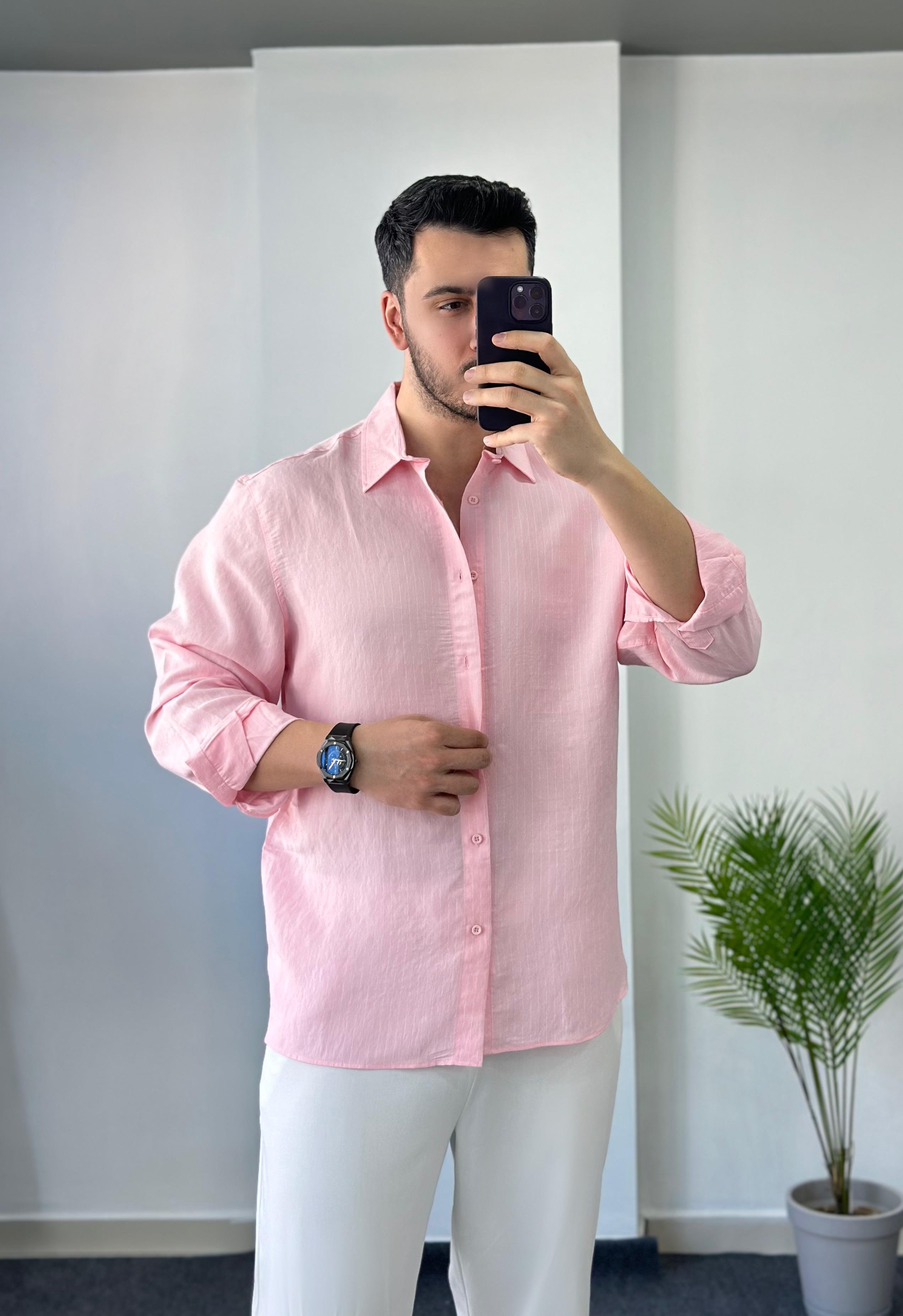 Özel Tasarım Kumaş Toz Pembe Oversize Keten Gömlek