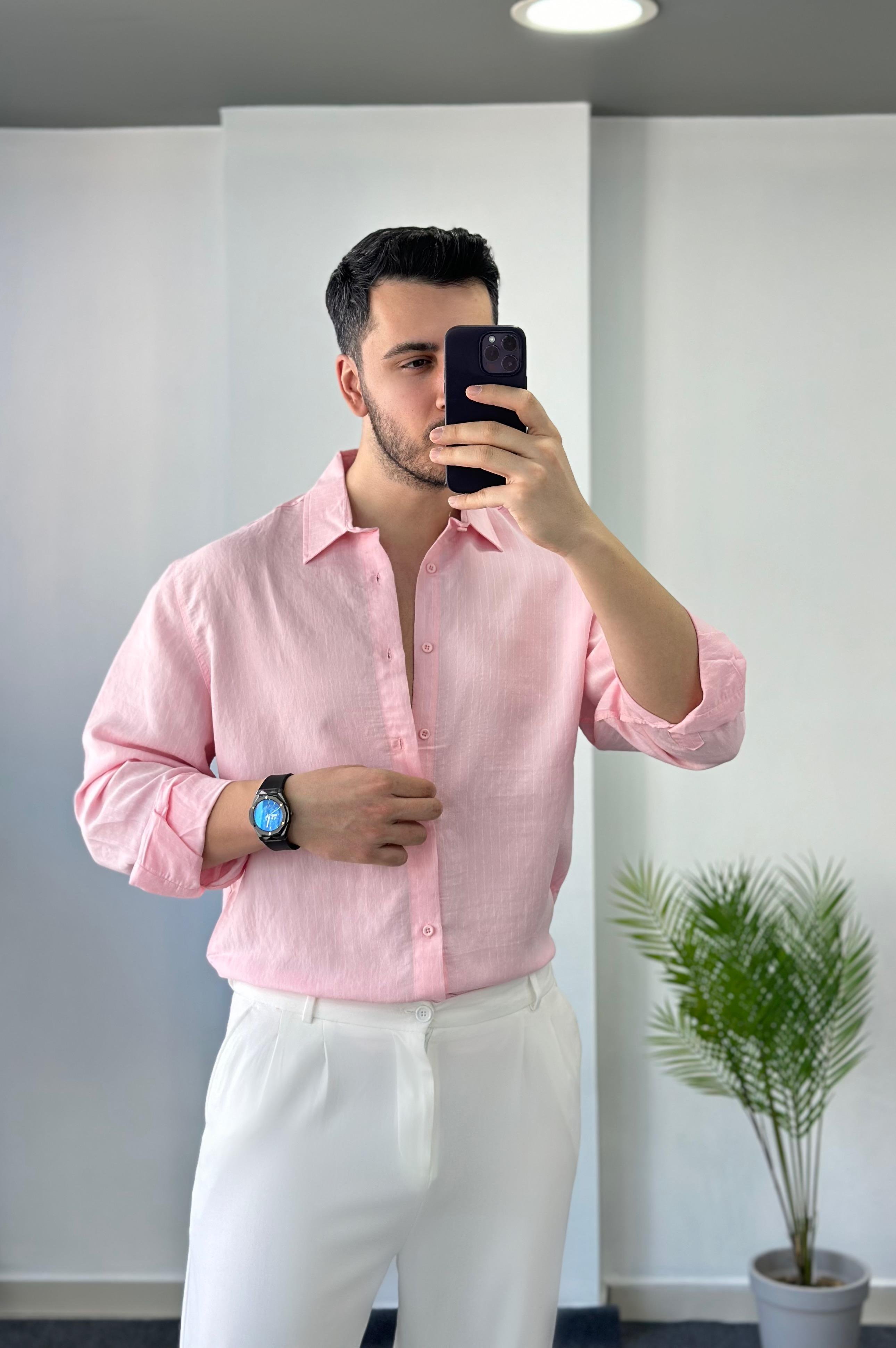 Özel Tasarım Kumaş Toz Pembe Oversize Keten Gömlek