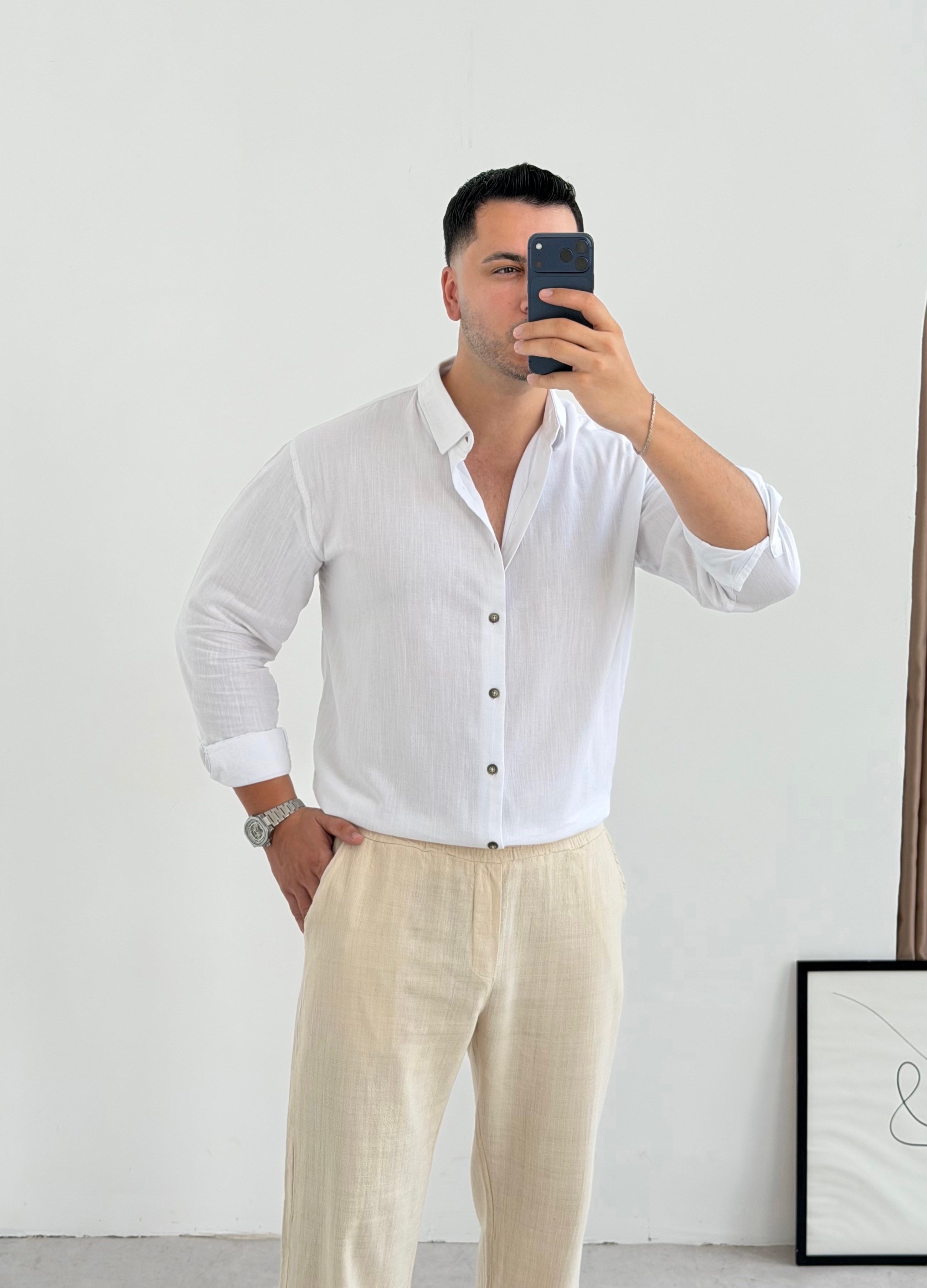 Pamuk Keten Beyaz Gömlek