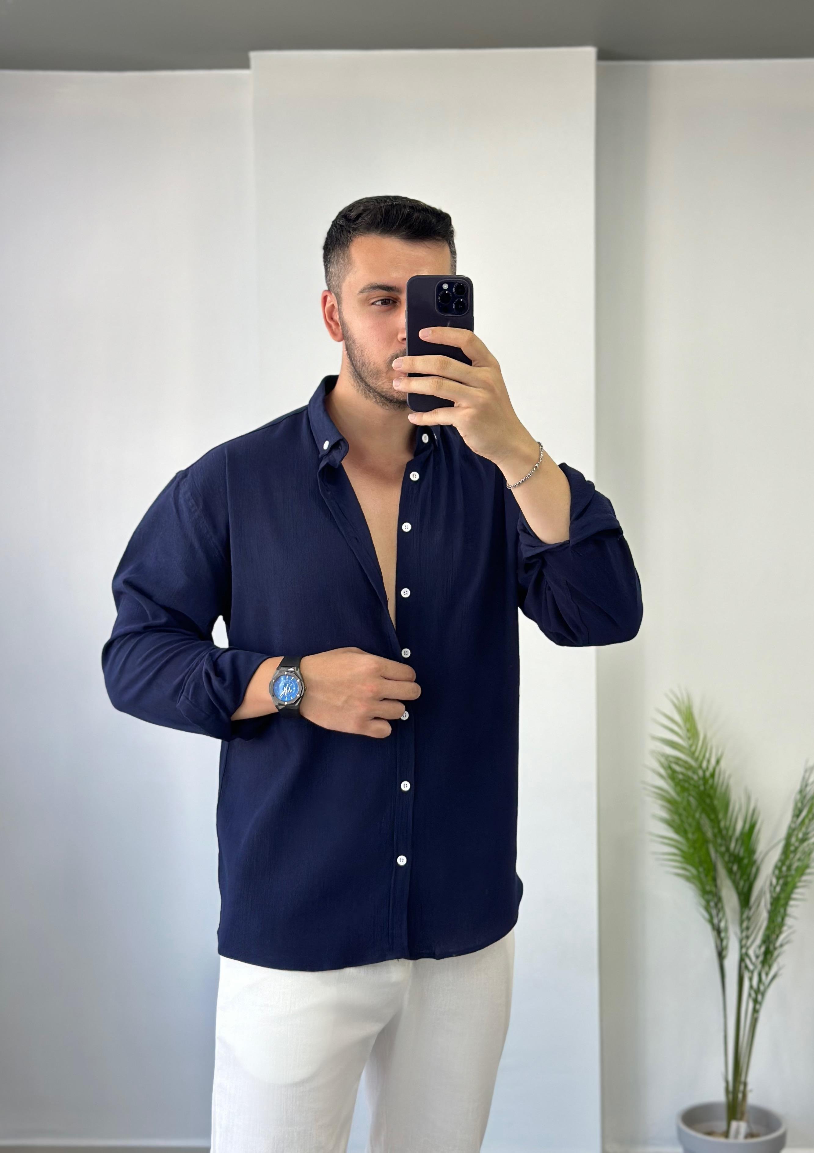 Pamuk Kırınkıl Lacivert Oversize Keten Gömlek 