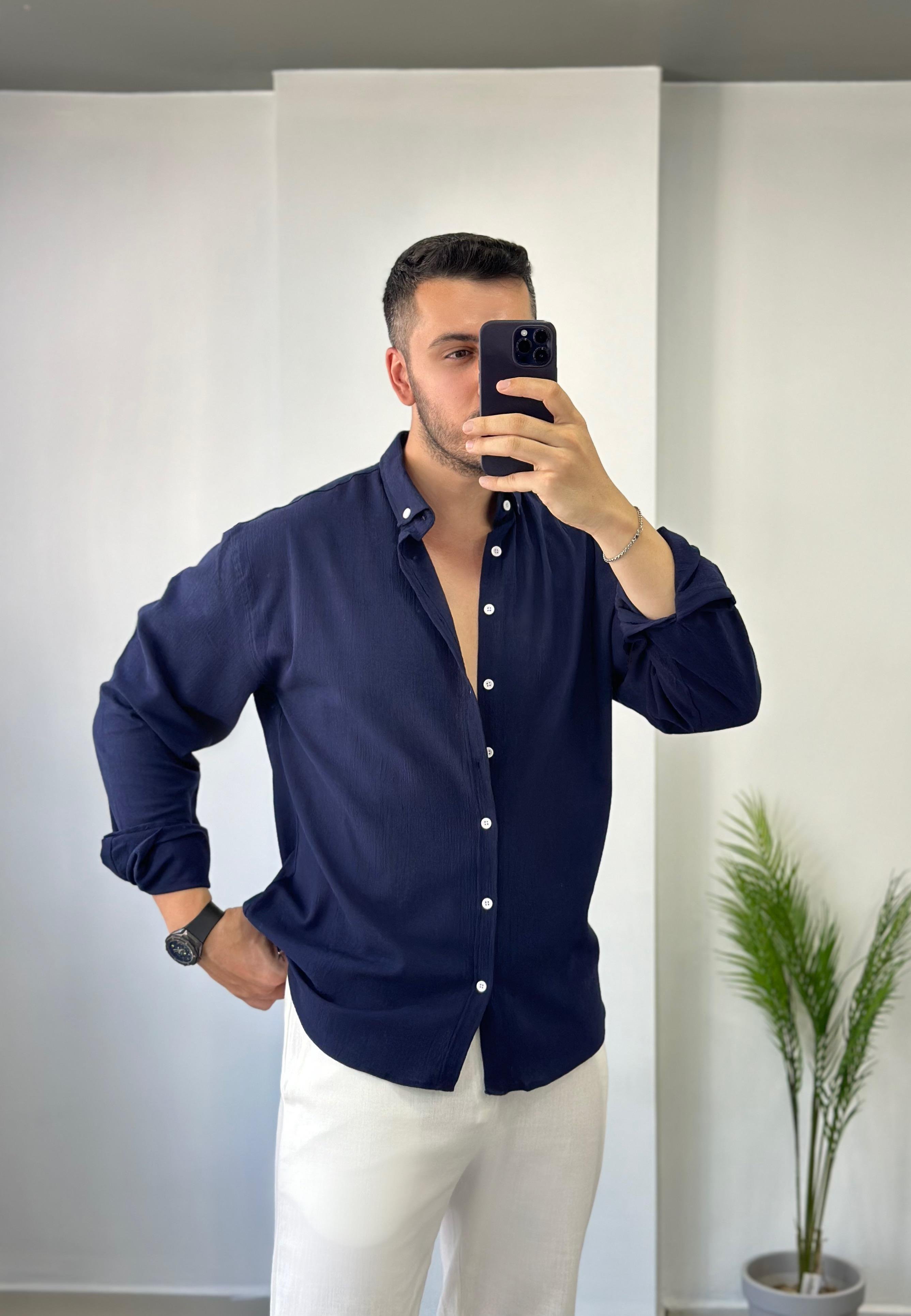 Pamuk Kırınkıl Lacivert Oversize Keten Gömlek 