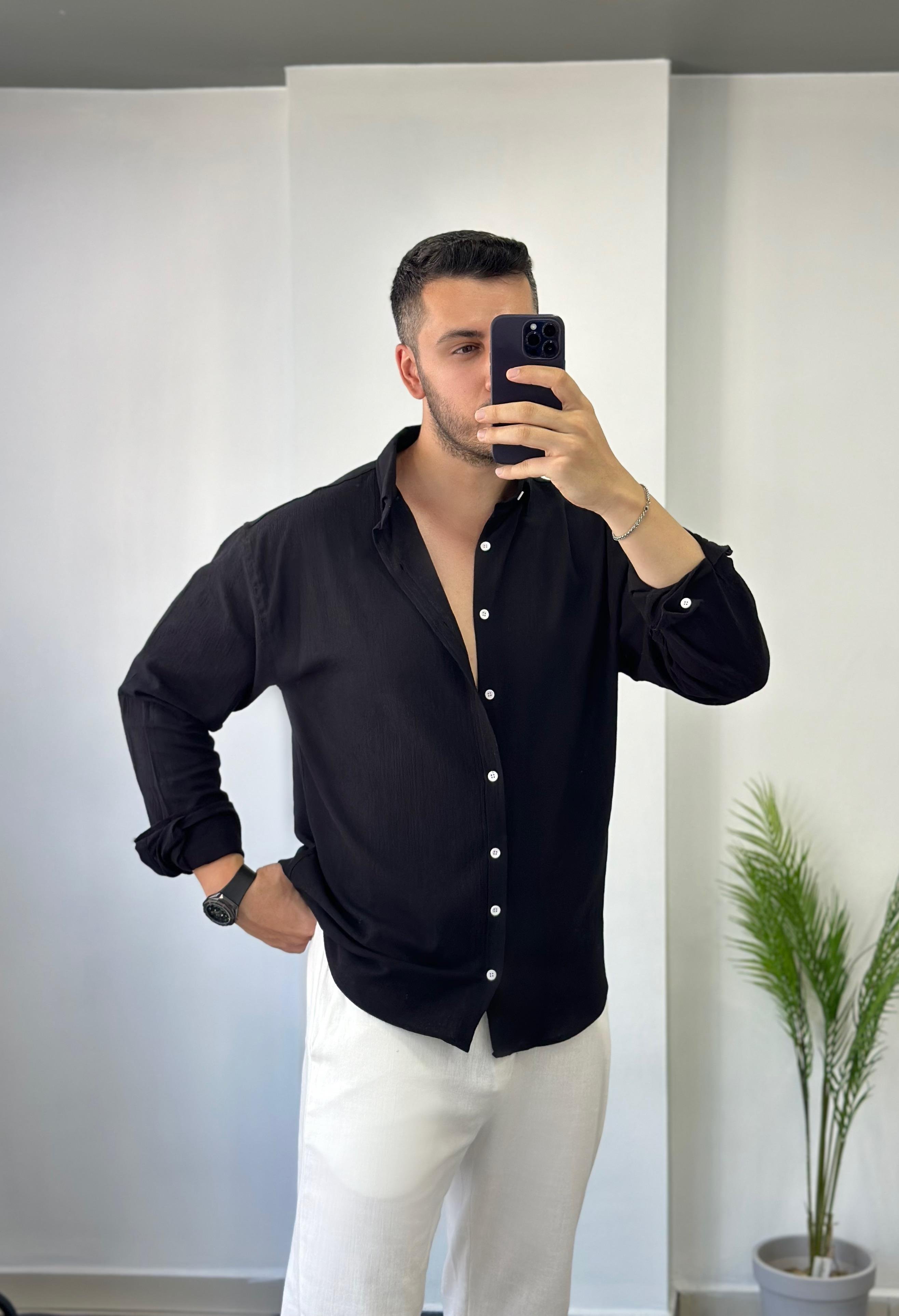 Pamuk Kırınkıl Siyah Oversize Keten Gömlek 