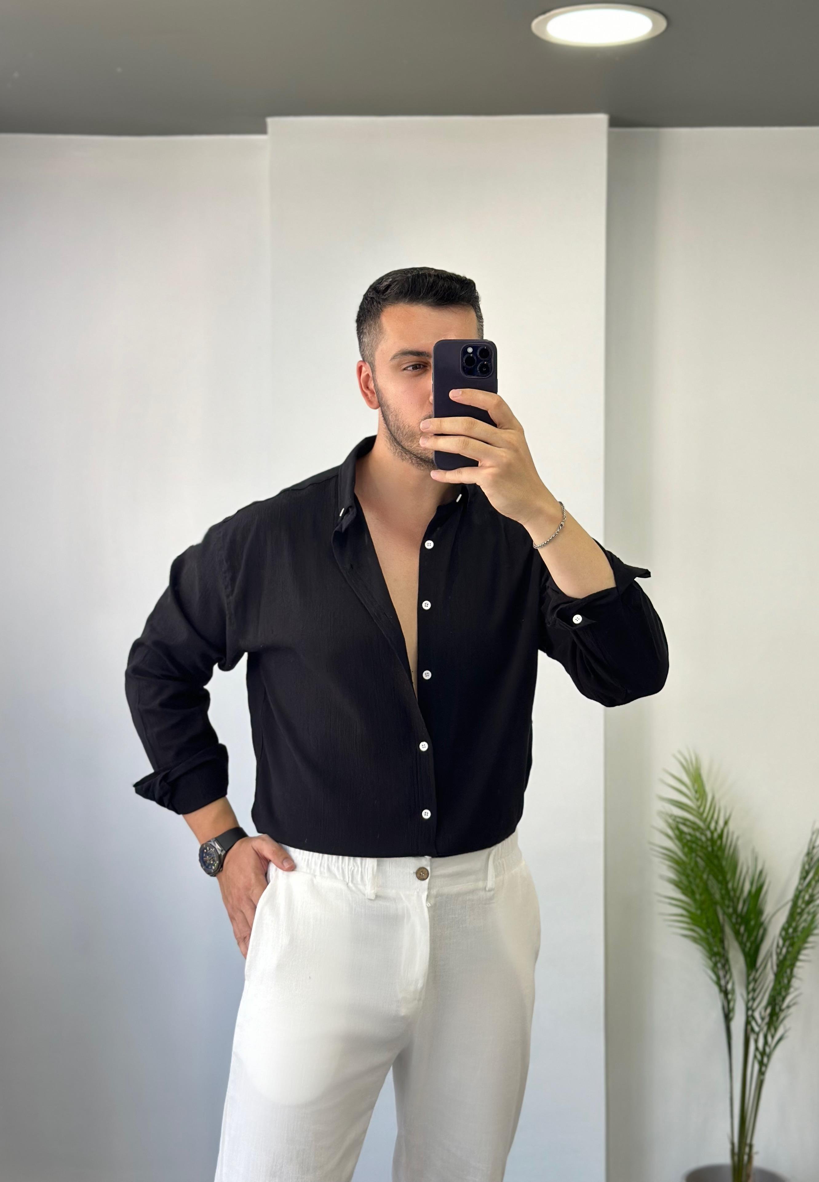 Pamuk Kırınkıl Siyah Oversize Keten Gömlek 