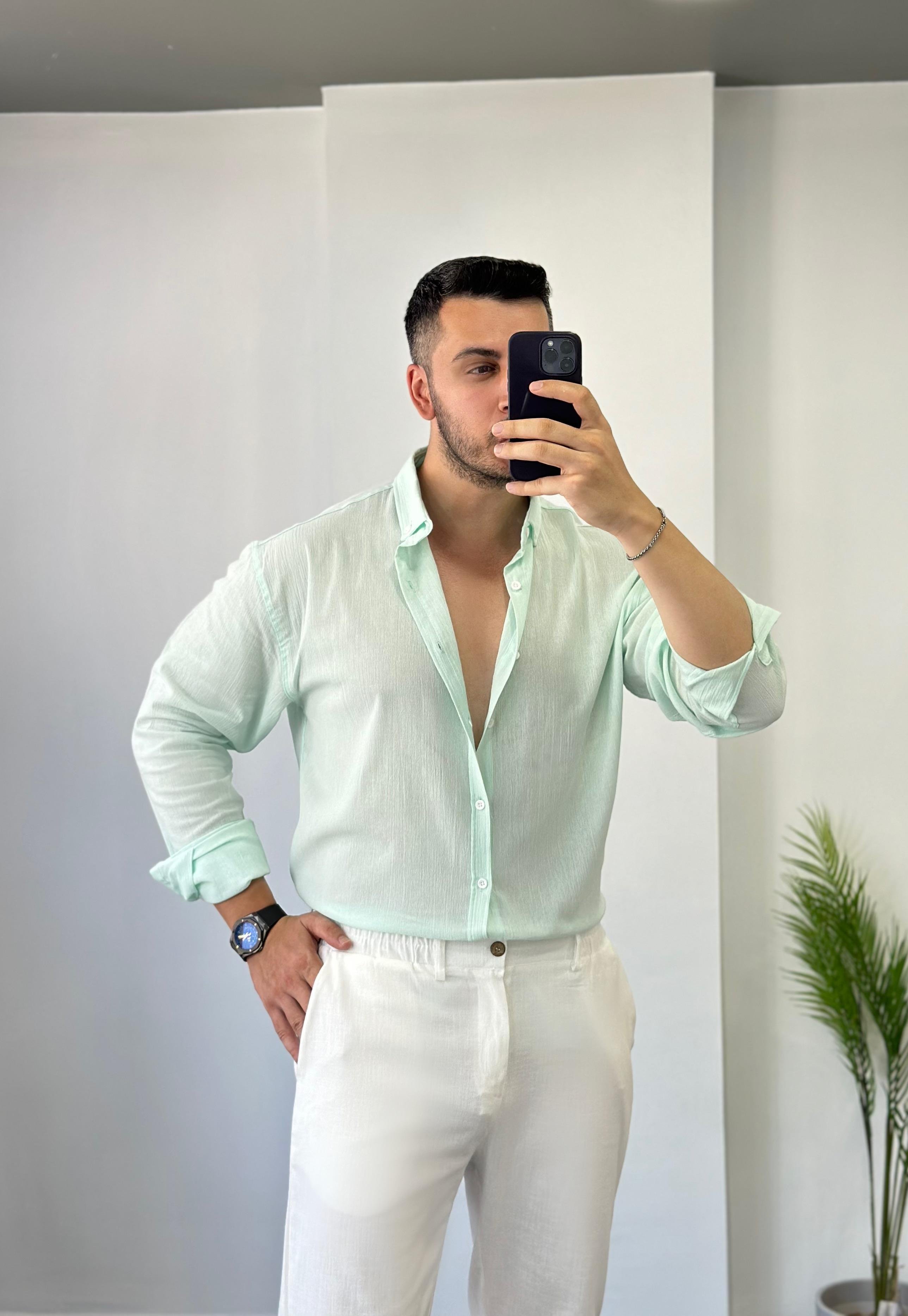 Pamuk Kırınkıl Su Yeşili Oversize Keten Gömlek