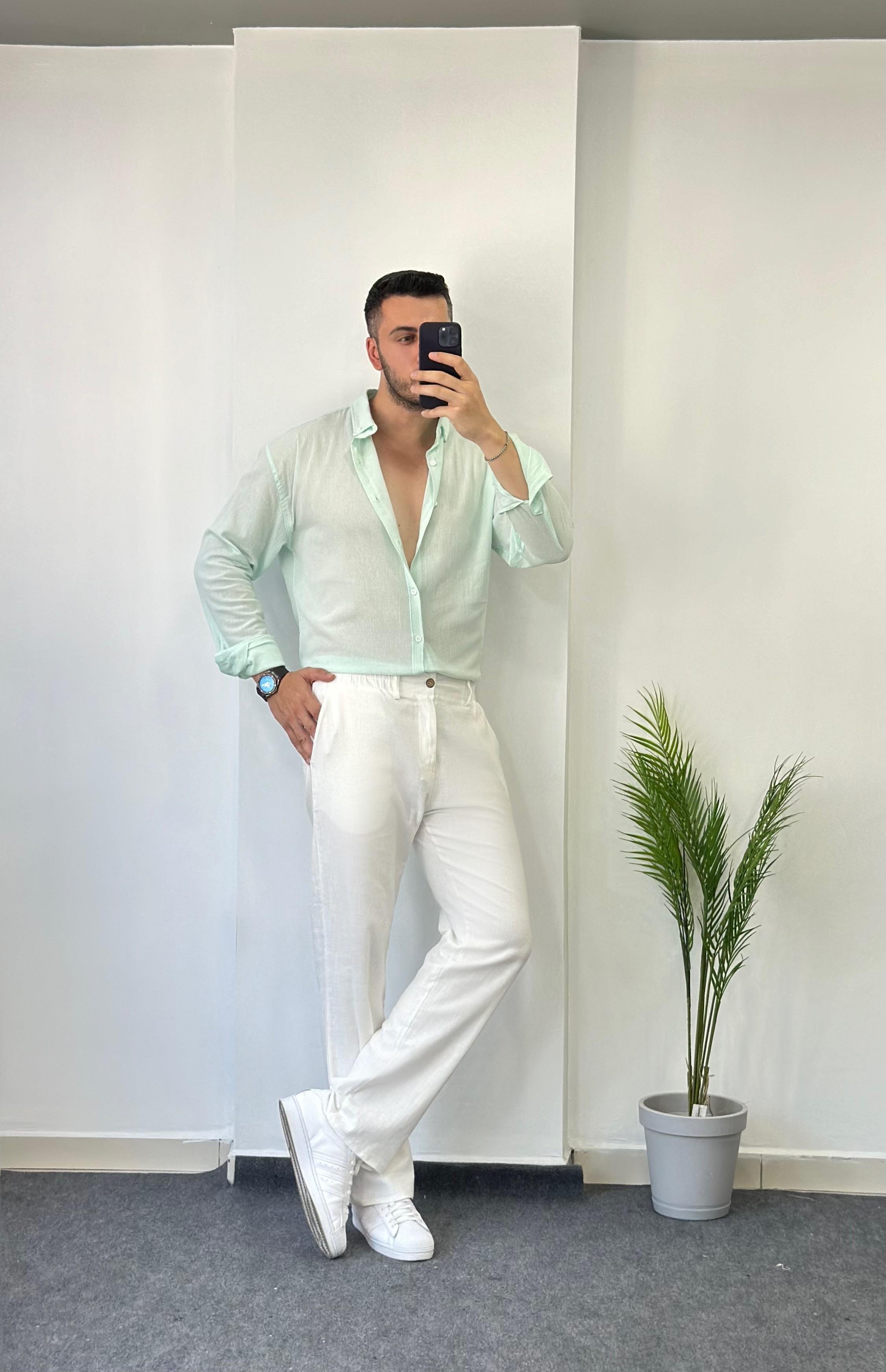 Pamuk Kırınkıl Su Yeşili Oversize Keten Gömlek