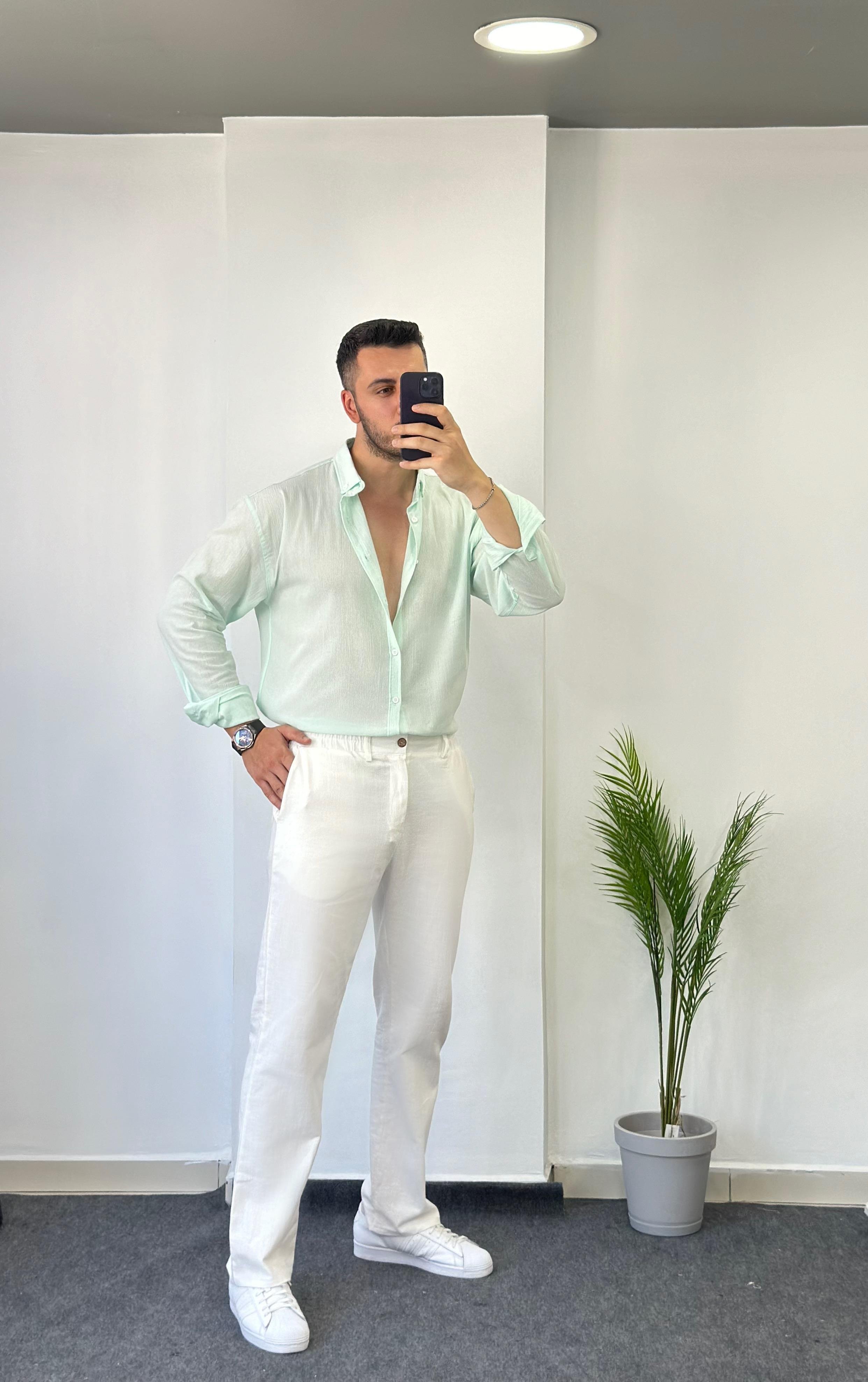 Pamuk Kırınkıl Su Yeşili Oversize Keten Gömlek