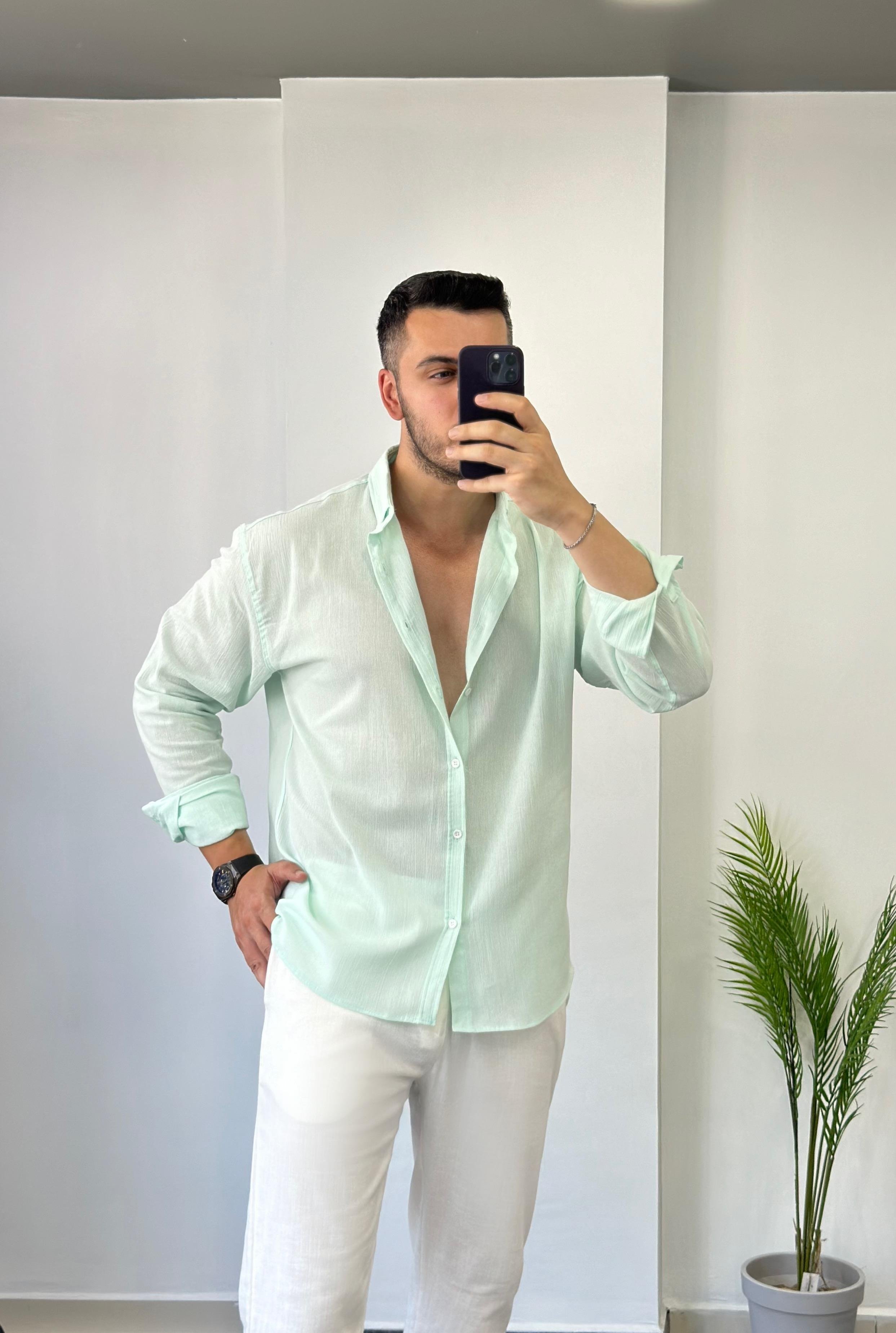 Pamuk Kırınkıl Su Yeşili Oversize Keten Gömlek