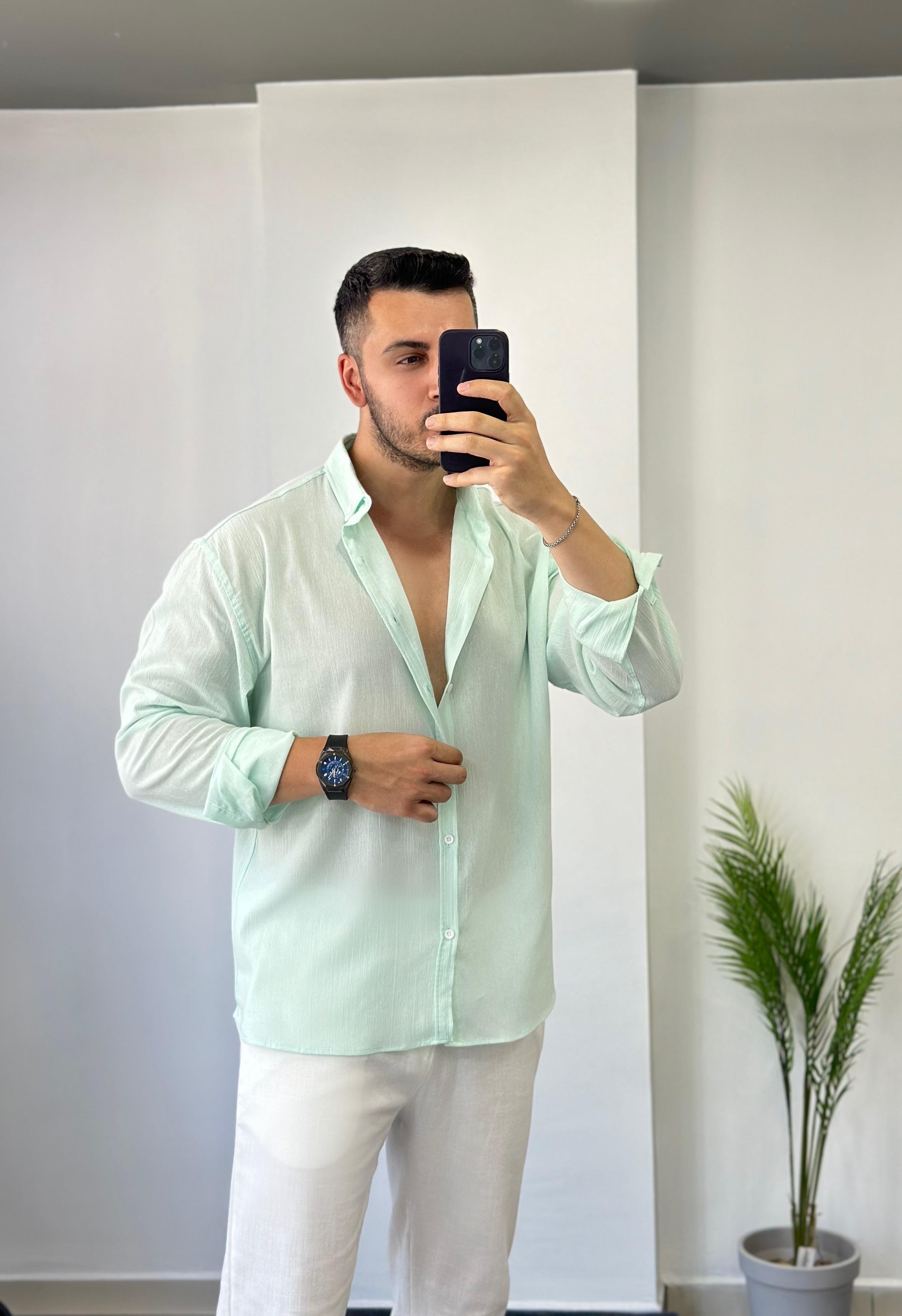 Pamuk Kırınkıl Su Yeşili Oversize Keten Gömlek