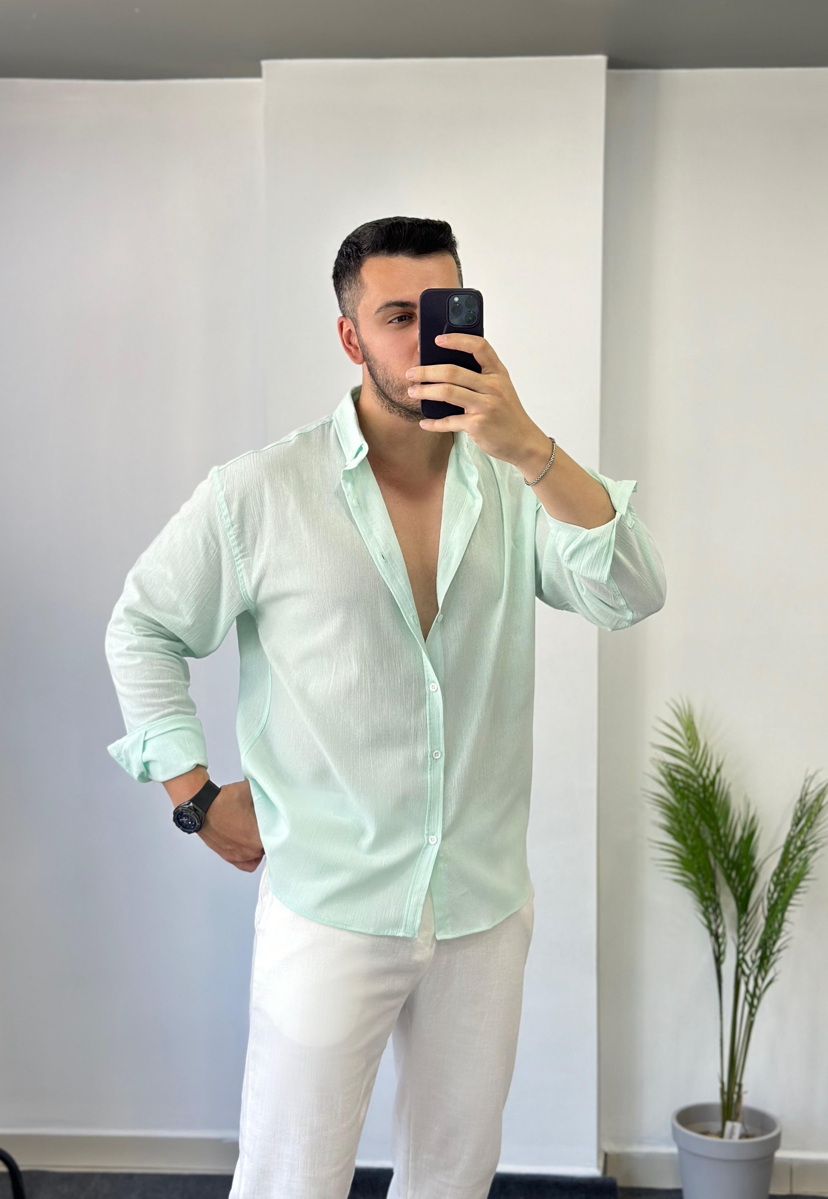 Pamuk Kırınkıl Su Yeşili Oversize Keten Gömlek