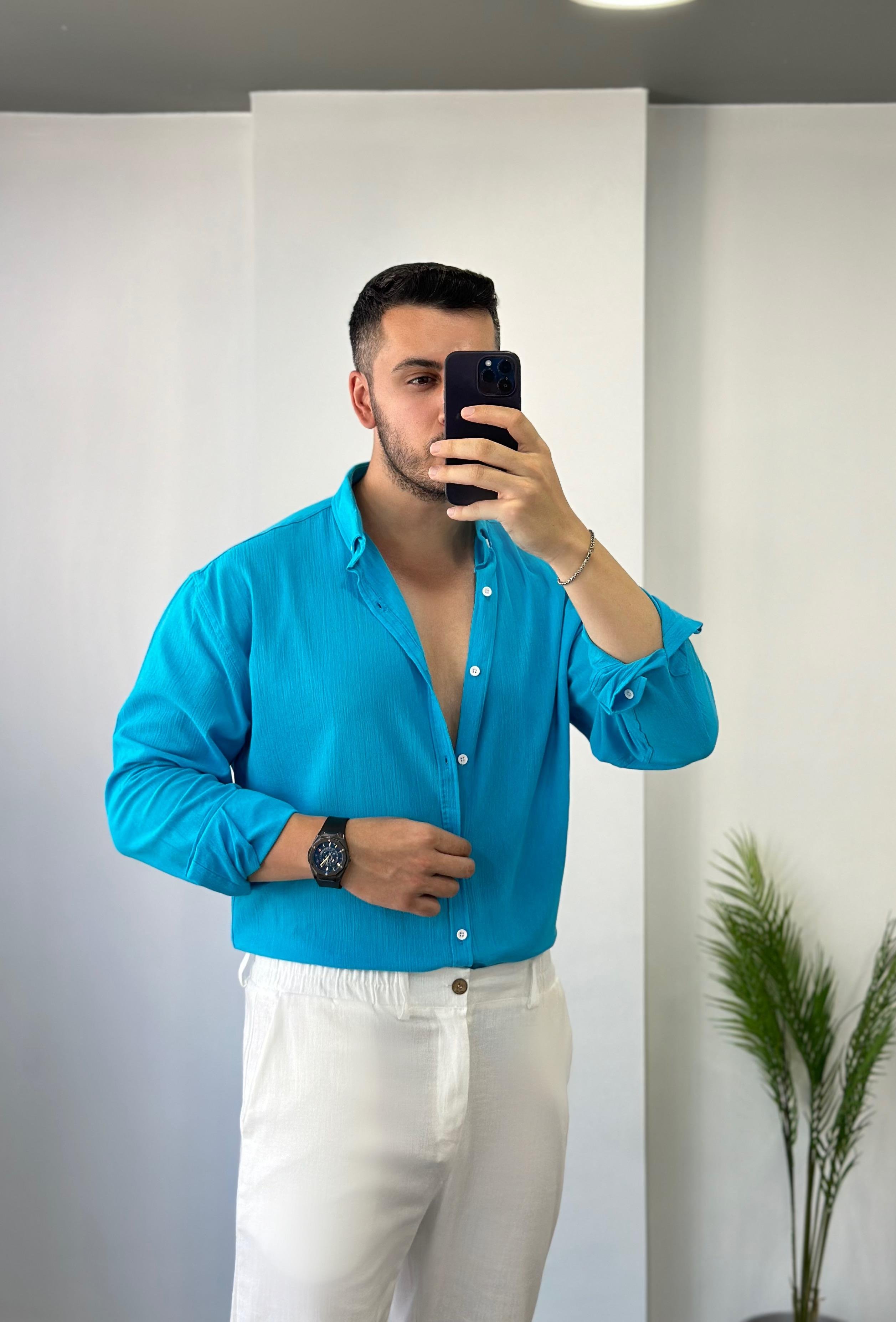 Pamuk Kırınkıl Turkuaz Oversize Keten Gömlek 