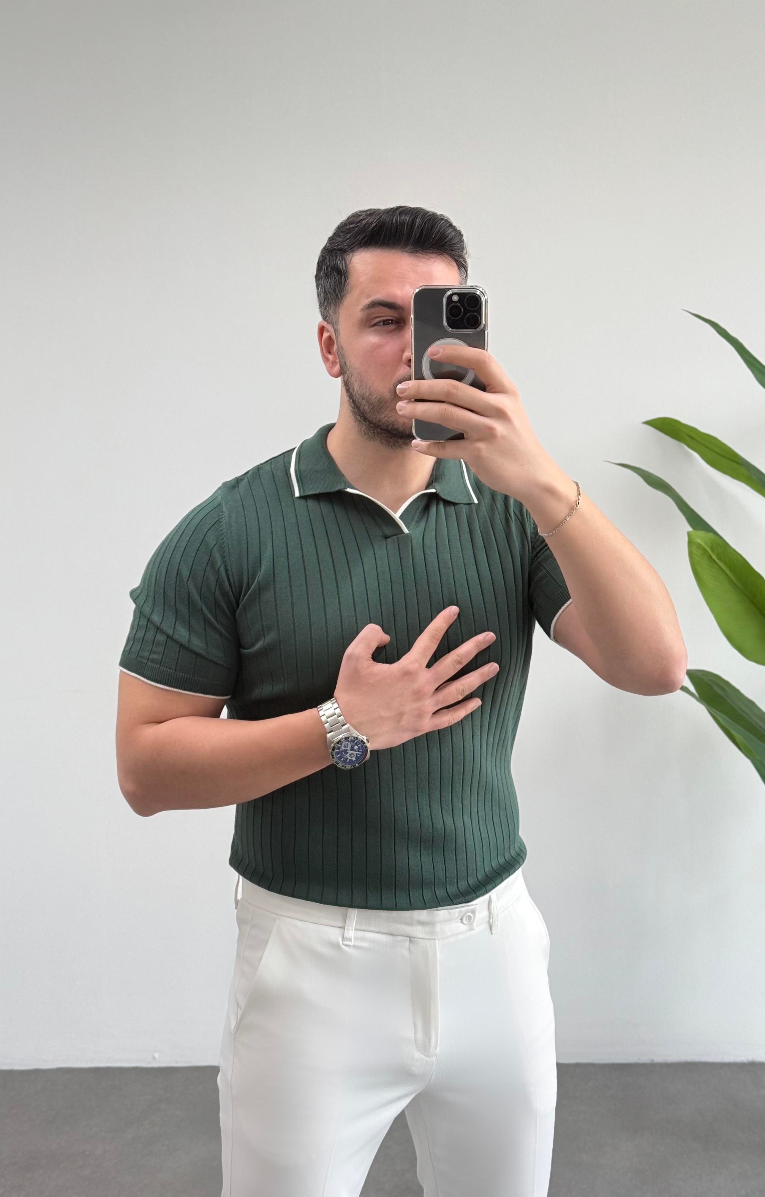 Pamuk Örme Yeşil Polo Yaka Tişört 