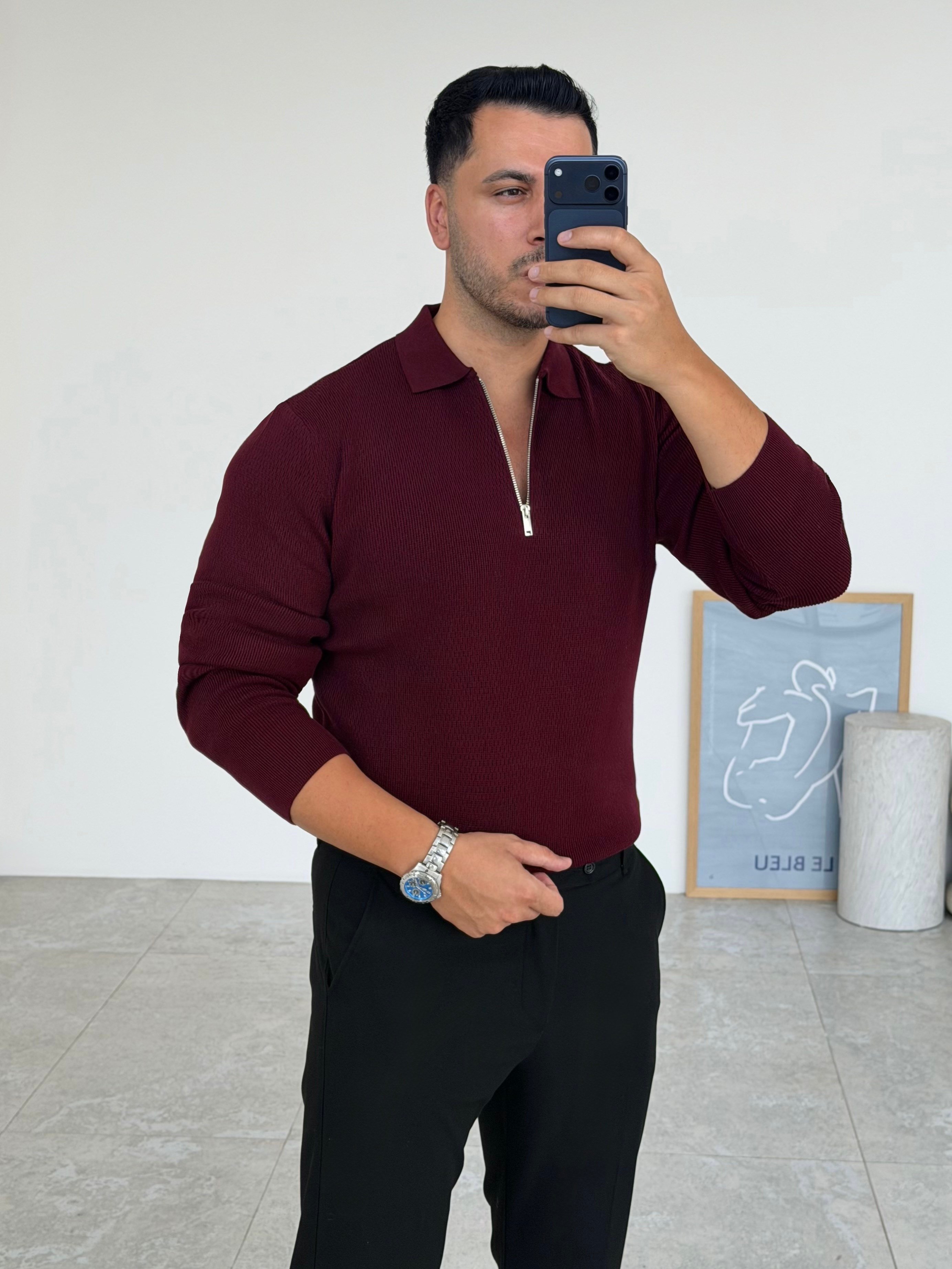 Petek Örme Bordo Fermuarlı Triko