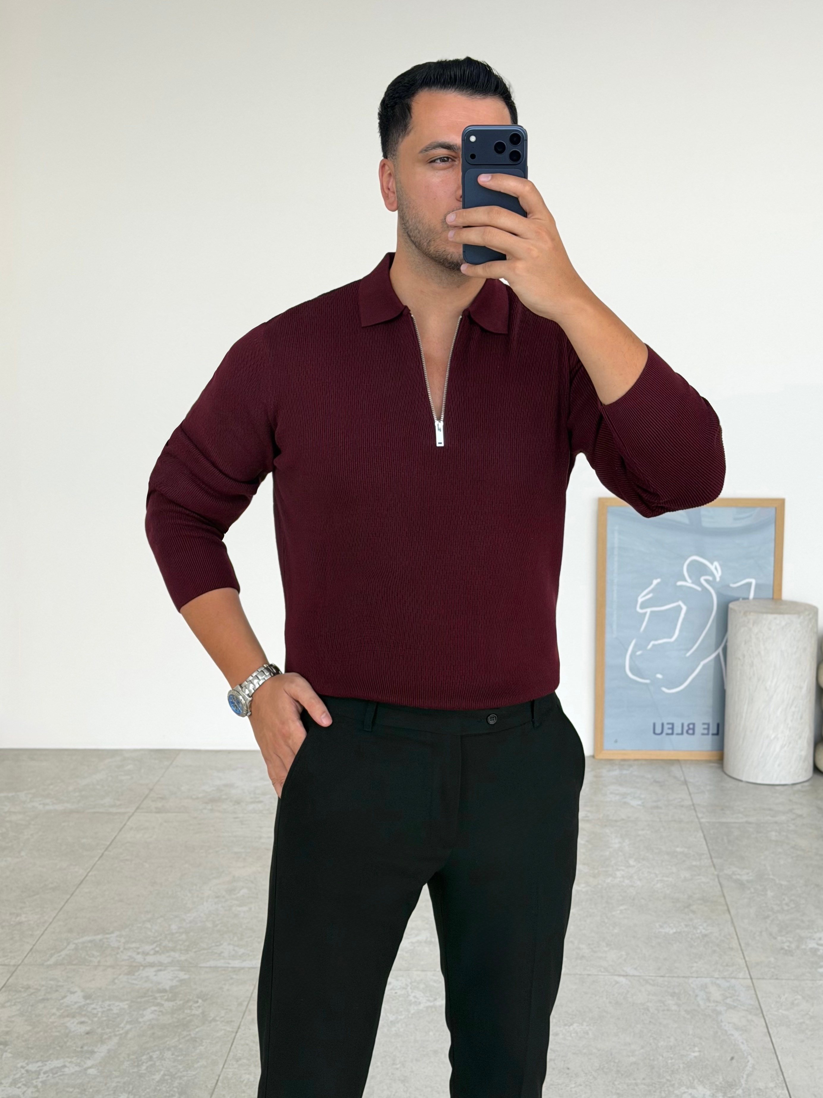 Petek Örme Bordo Fermuarlı Triko