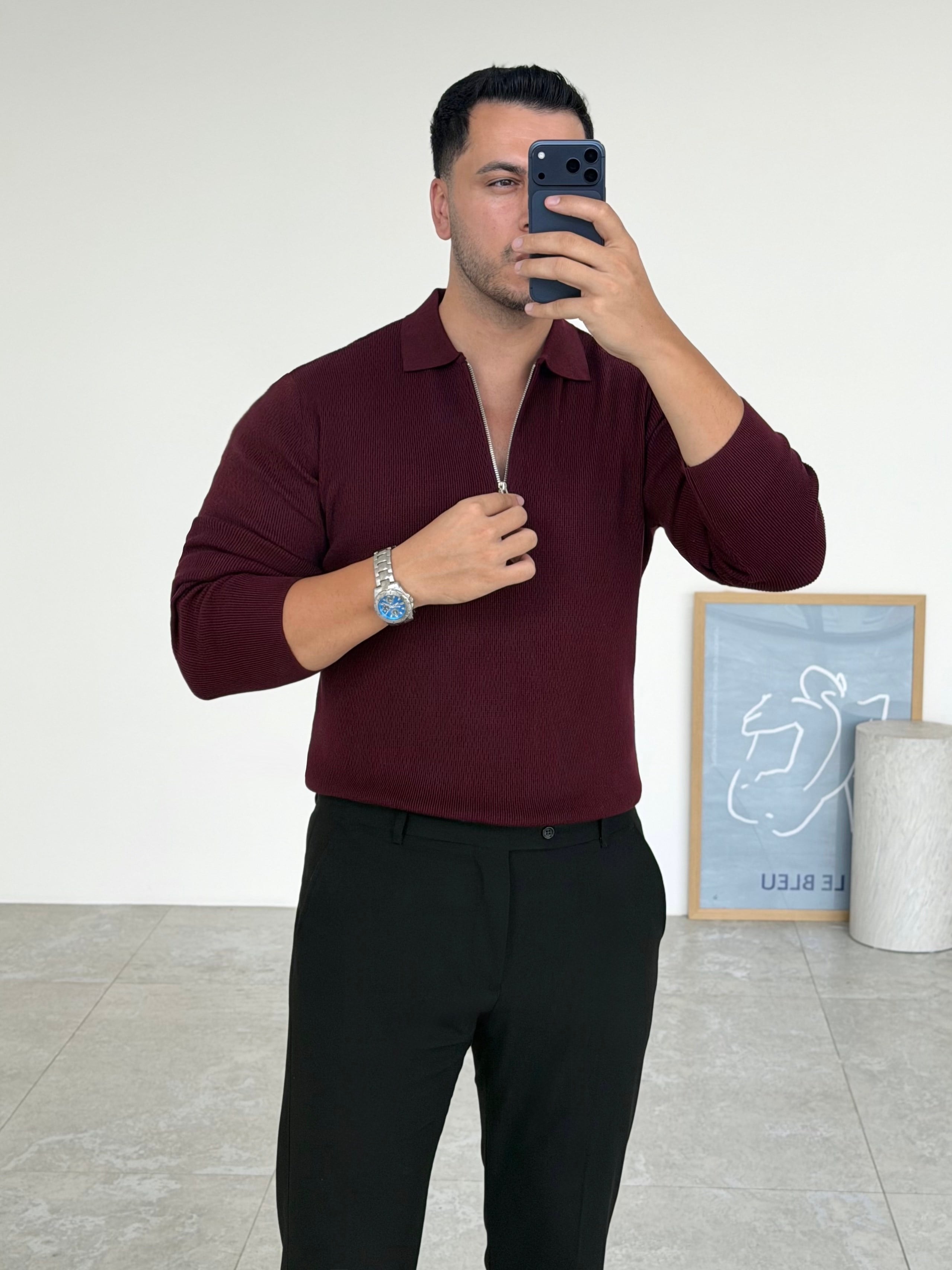 Petek Örme Bordo Fermuarlı Triko