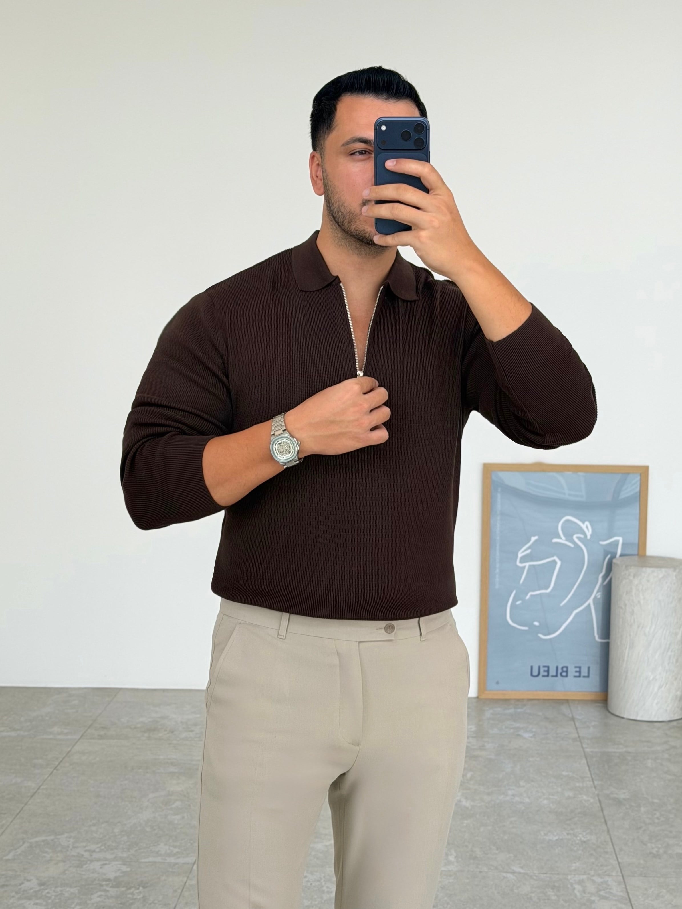 Petek Örme Kahve Fermuarlı Triko
