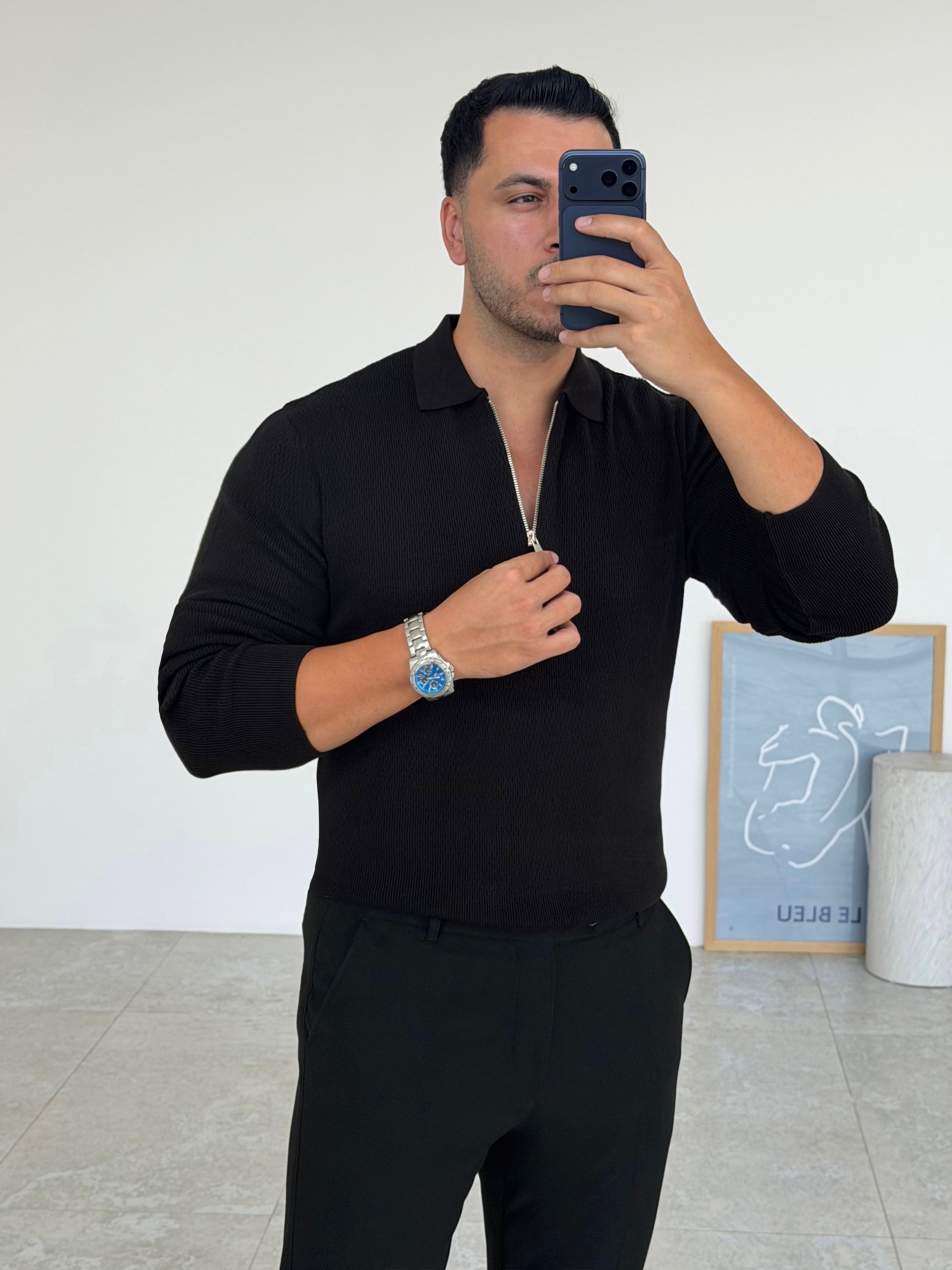 Petek Örme Siyah Fermuarlı Triko
