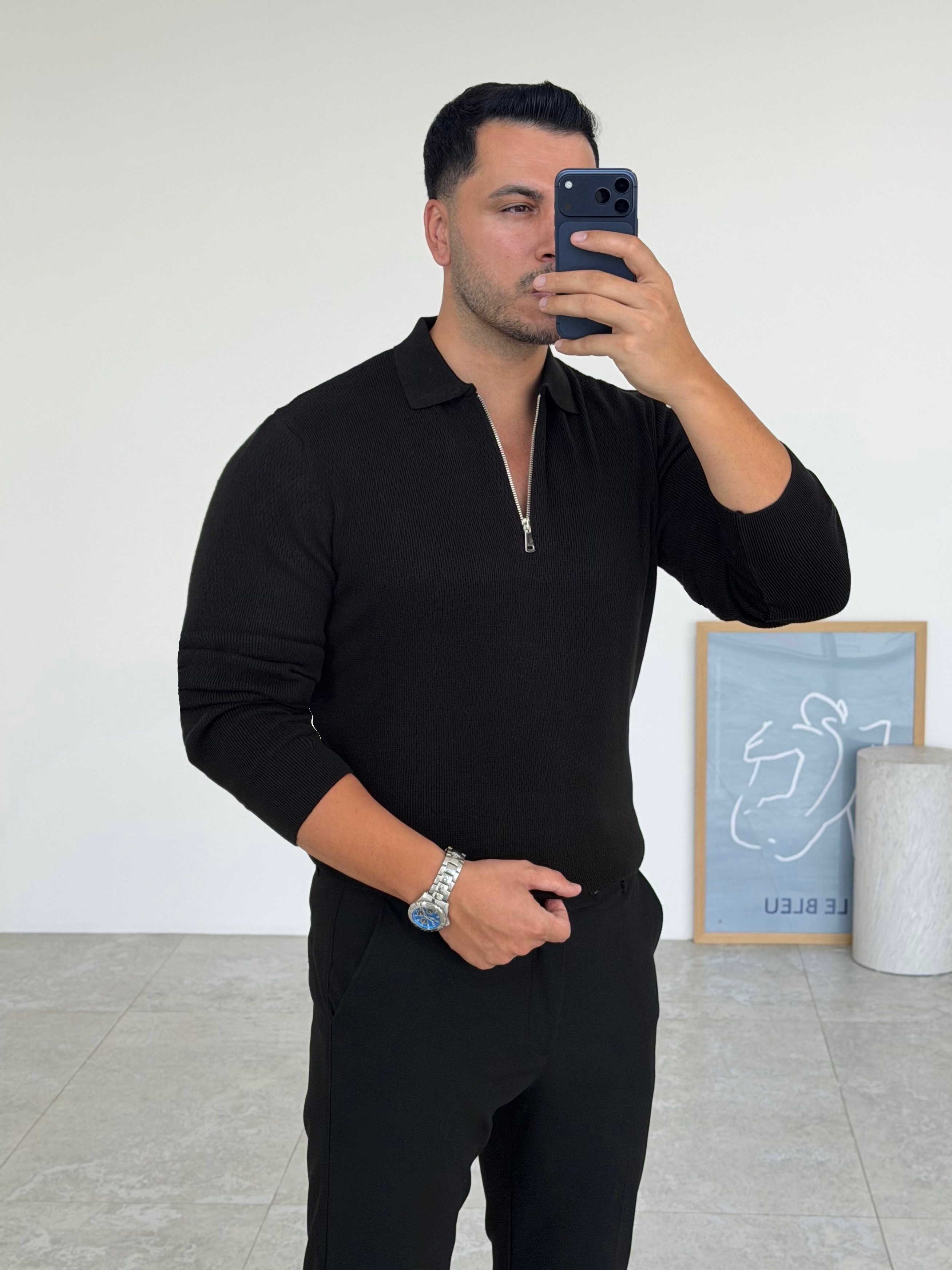 Petek Örme Siyah Fermuarlı Triko