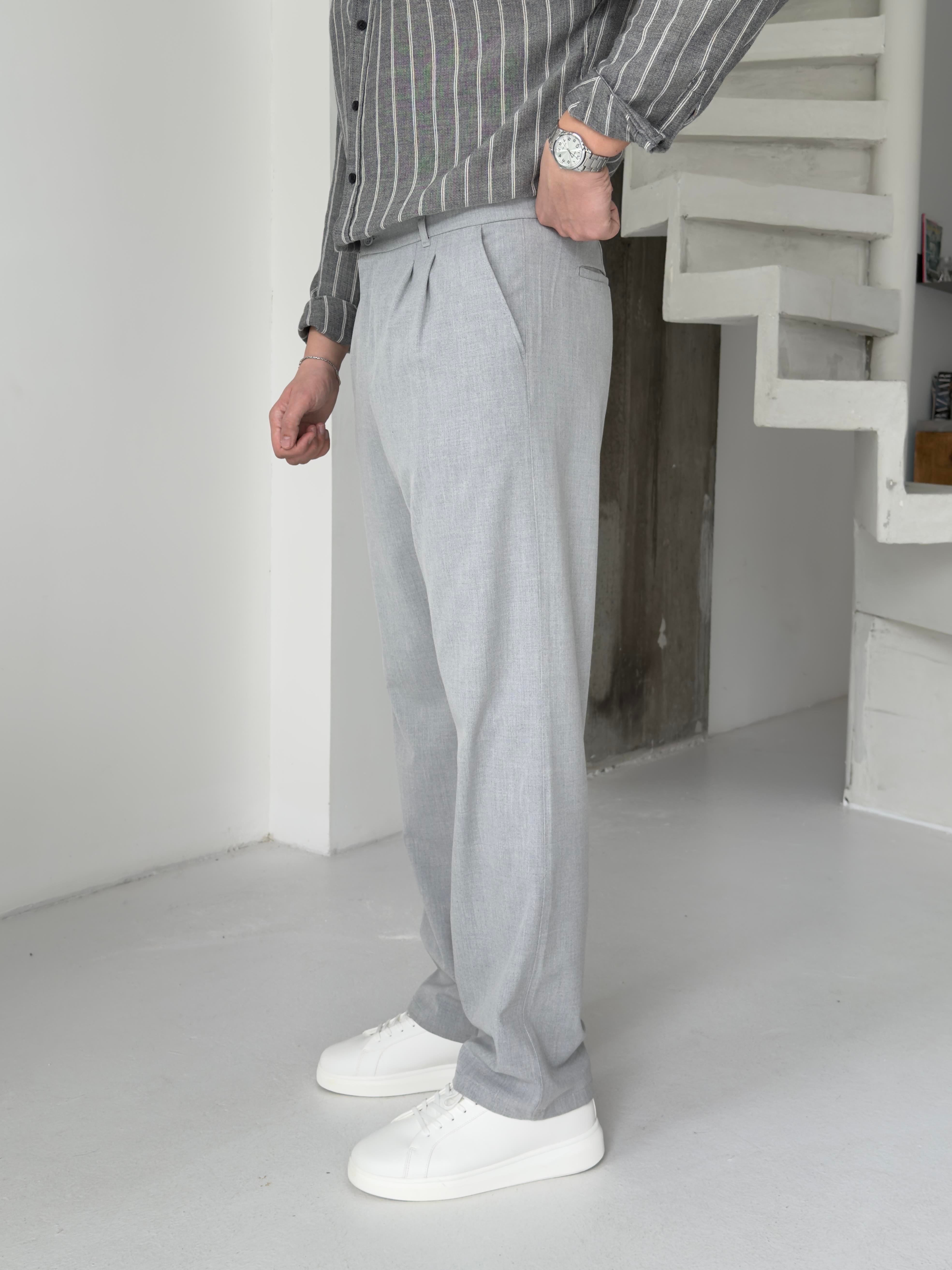 Pileli Açık Gri Baggy Pantolon