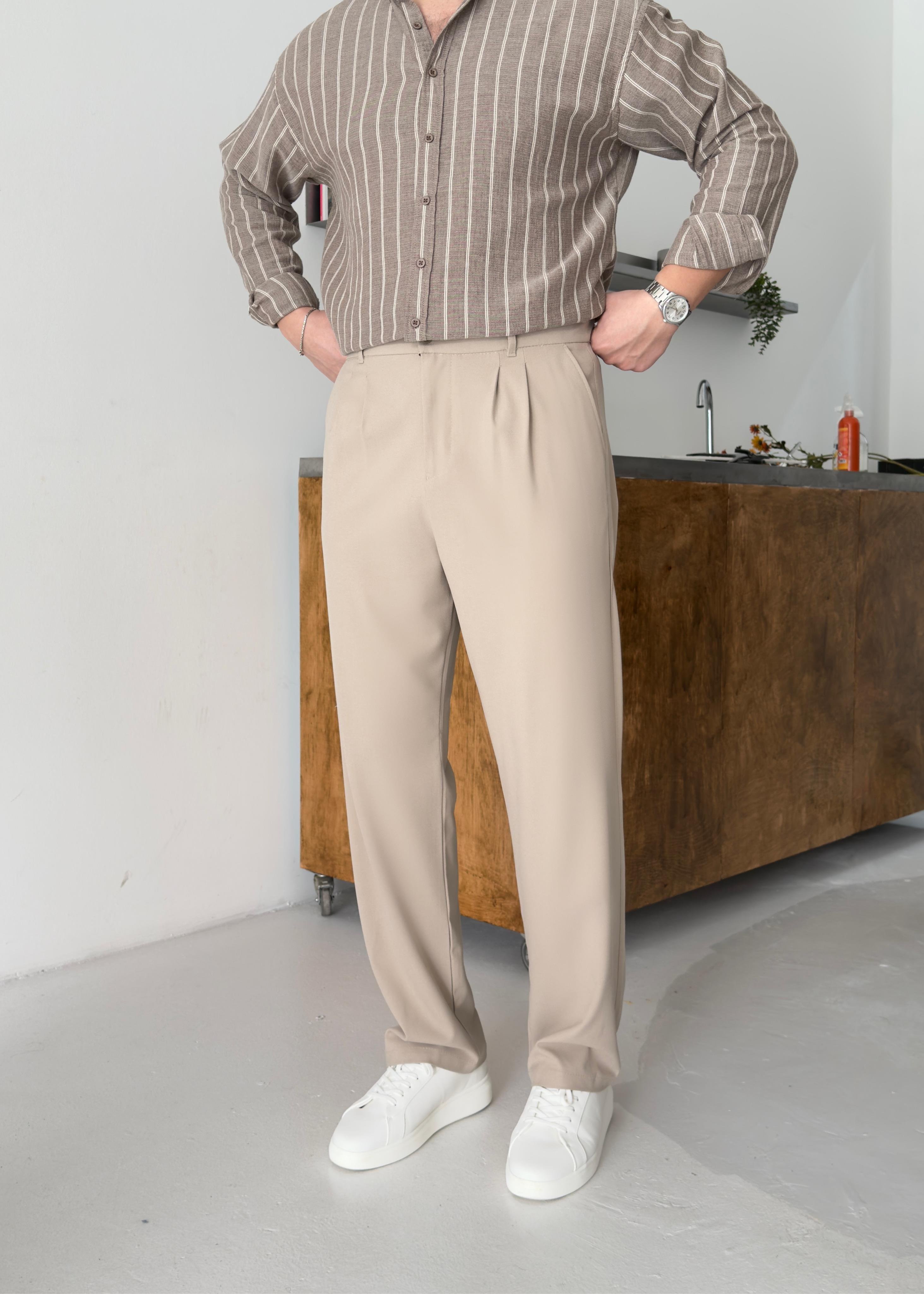 Pileli Bej Baggy Pantolon