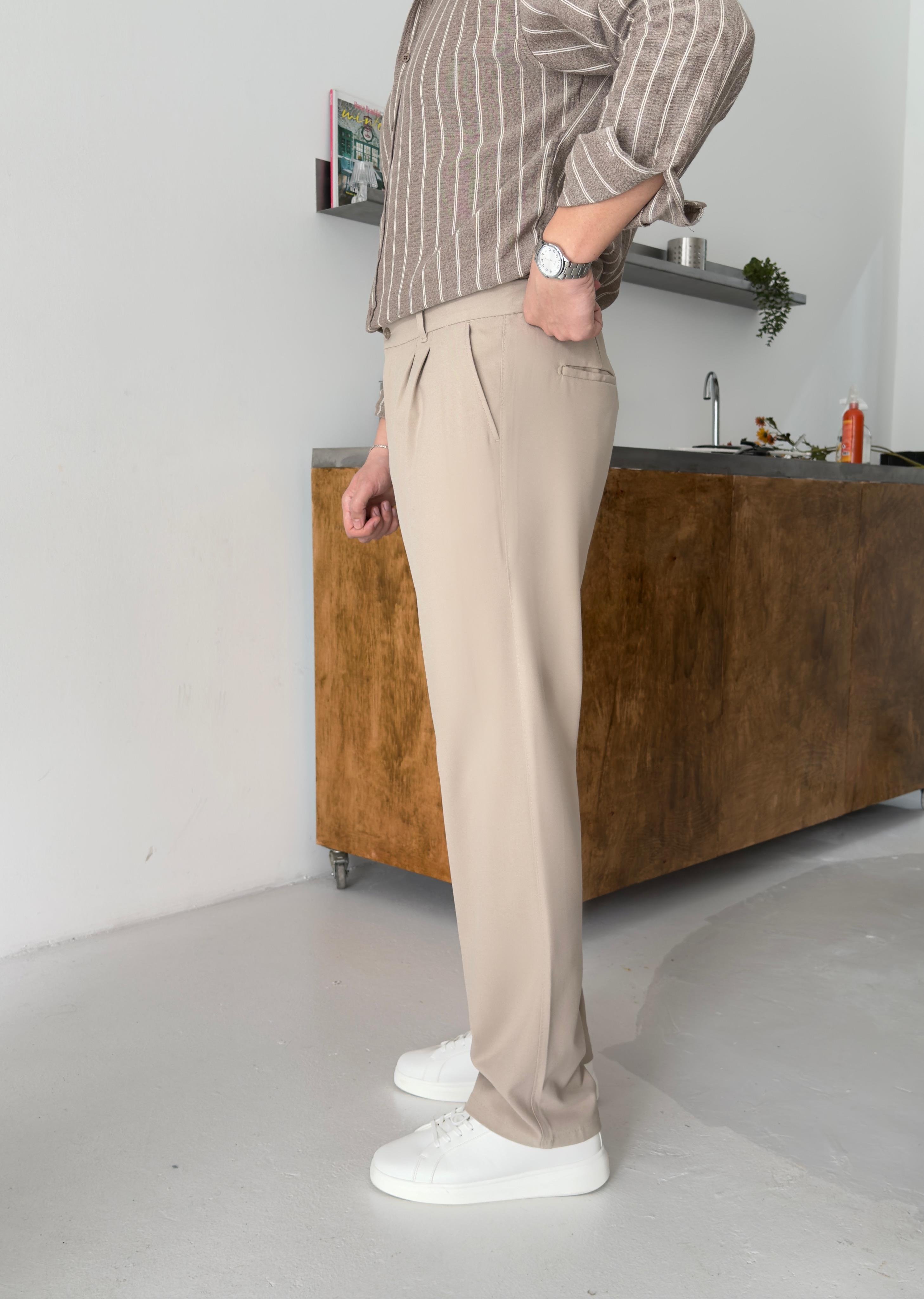 Pileli Bej Baggy Pantolon