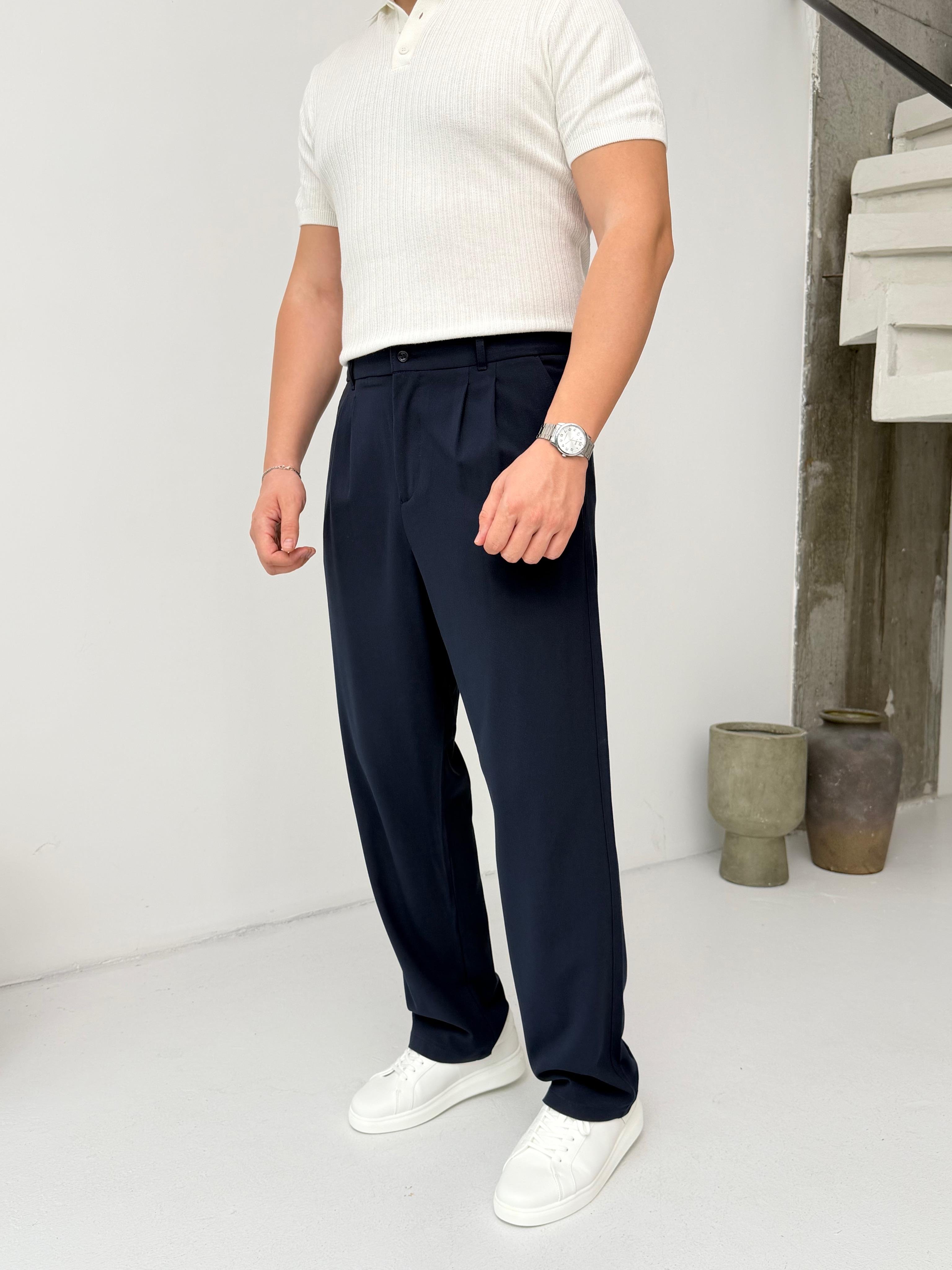 Pileli Lacivert Baggy Pantolon